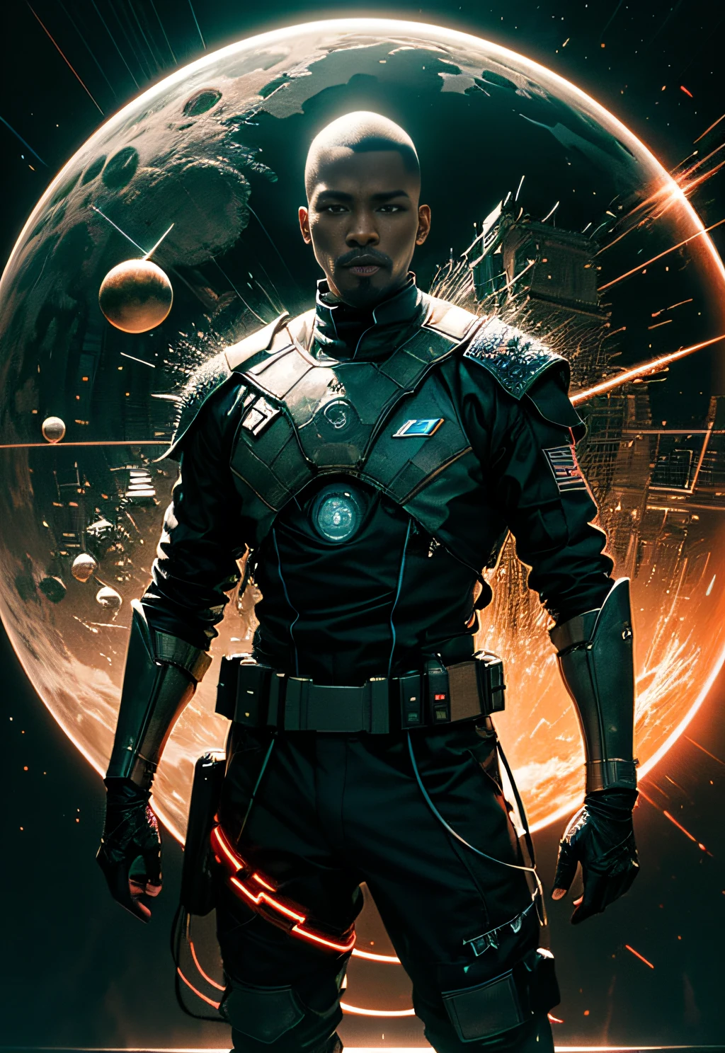 a man coming out of a spaceship like the one in Starwars, Black man, negroid, holding a mechanical cube with floating glowing spheres floating around, the cube has some glowing circle lines. the cube is radiating energy. the man is commanding the spheres, the man is a scientist. Hyper realistic, Photography, Picture of the week, RAW, beautiful, (finely detailed skin), African skin, delivery driver, standing next to DHL stargate, imechanical futuristic uniform, glowing Clouds in the background, lightning, extremely detailed,colorful,highest detailed, (dynamic pose), shiny skin, zentangle, flowers, abstract background,(masterpiece) (perfect proportion)(realistic photo)(best quality) (detailed) photographed on a Canon EOS R5, 50mm lens, F/2.8, HDR, (8k) (wallpaper) (cinematic lighting) (dramatic lighting) (sharp focus) (intricate)
