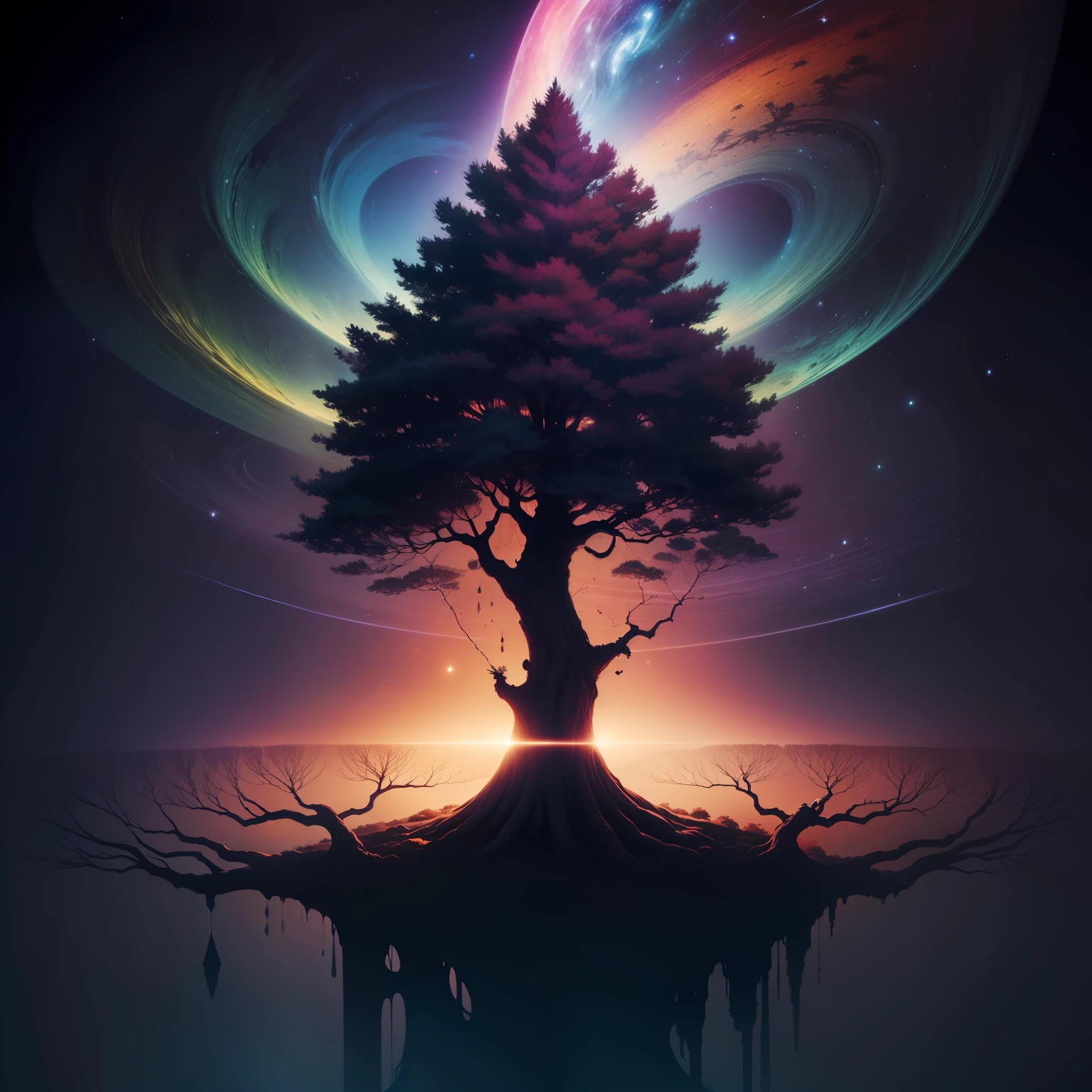 (A great mystical tree:1.4),(cosmic atmosphere:1.2),(floating tree:1.2),high saturation,Volumetric light,contraluz, luz dourada,sombras complexas, misticismo e texturas complexas, nebulosas em movimento.