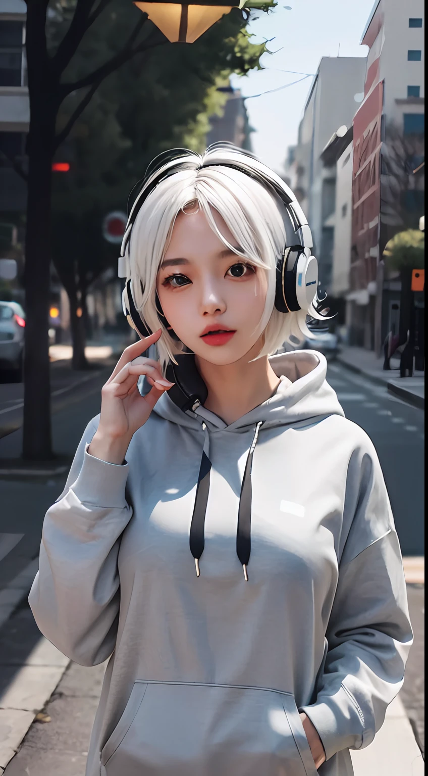1girl,ayachi nene, large breasts, huge ahoge,hoodie,headphones around neck, outdoors,street,city,white hair,, masterpiece, best quality,incredibly absurdres, 1girl,