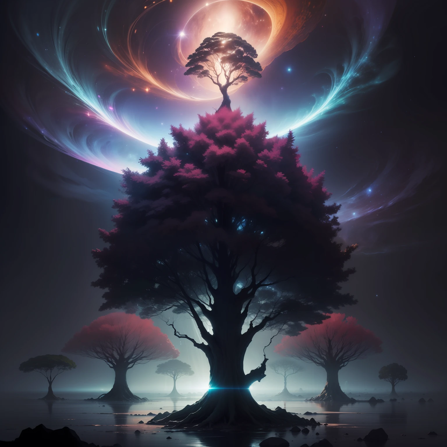 (A great mystical tree:1.4),(cosmic atmosphere:1.2),(floating tree:1.2),high saturation,Volumetric light,contraluz, luz dourada,sombras complexas, misticismo e texturas complexas, nebulosas em movimento.
