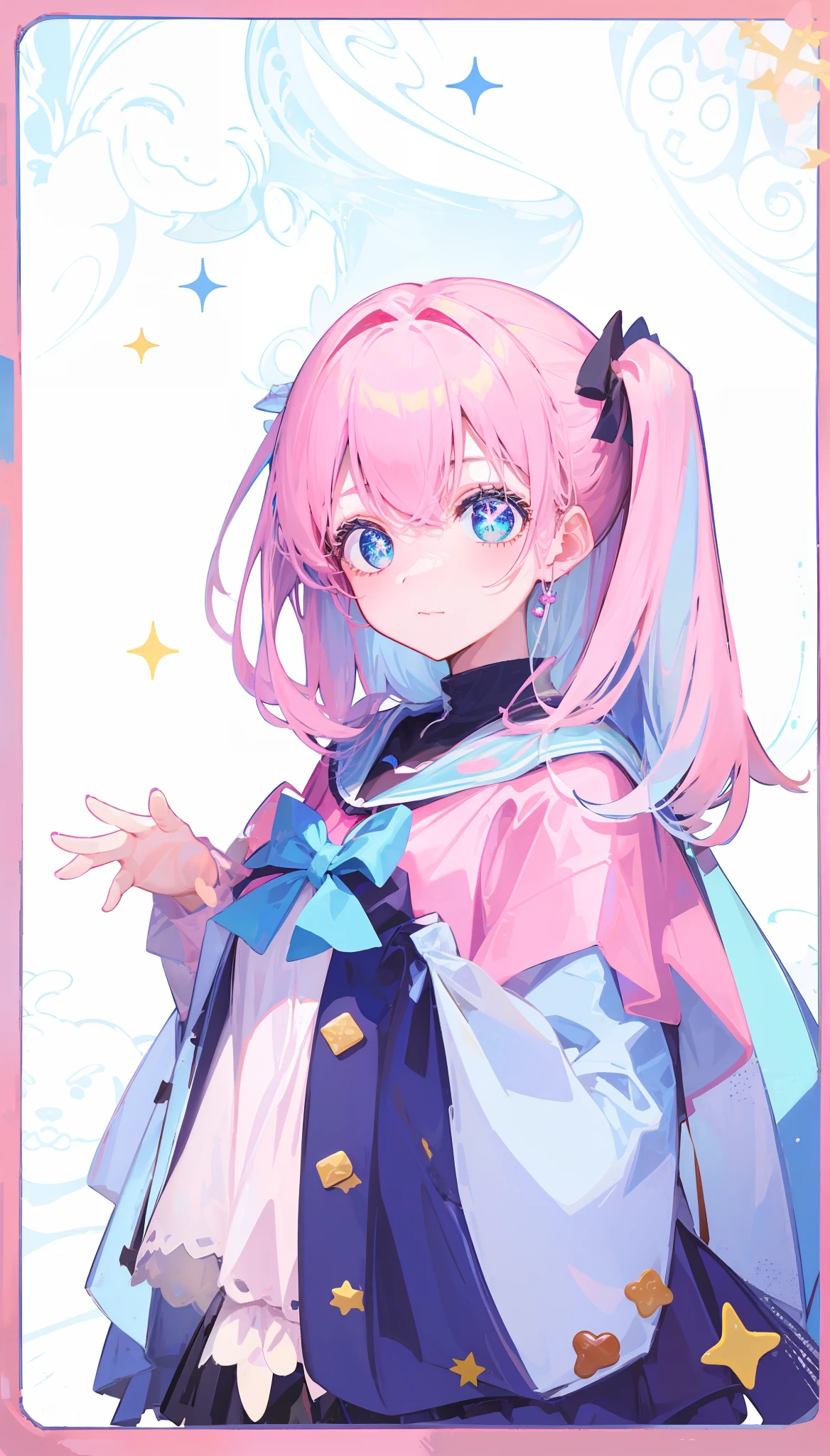 In the background is a candy house,There are many, Many sweets。The girl is Stareye,She has a pink color、Single-horned ponytail,Blue tail