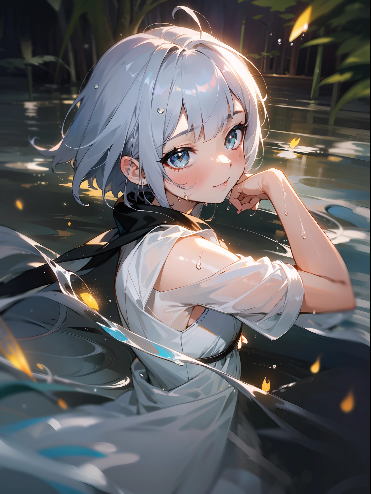 Fantastic and beautiful moonlight in pitch-black forest。View from above of a 15-year-old girl。(Wet silver bob hair)。A slight smil。I only wear a sheer long white cloth with beautiful lace decoration。The cloth is submerged in water。(Splashing in the dark forest lake at night)。(Hair or clothes are wet)。Splash。Wet hair bunches。Dripping water droplets。Fantastic fireflies float in the air、Light also reflects off water。Near and far law。Glitter effect。Dynamic composition with depth。Extremely high quality、high-level image quality、Extremely delicate drawing。Rarely seen workmanship