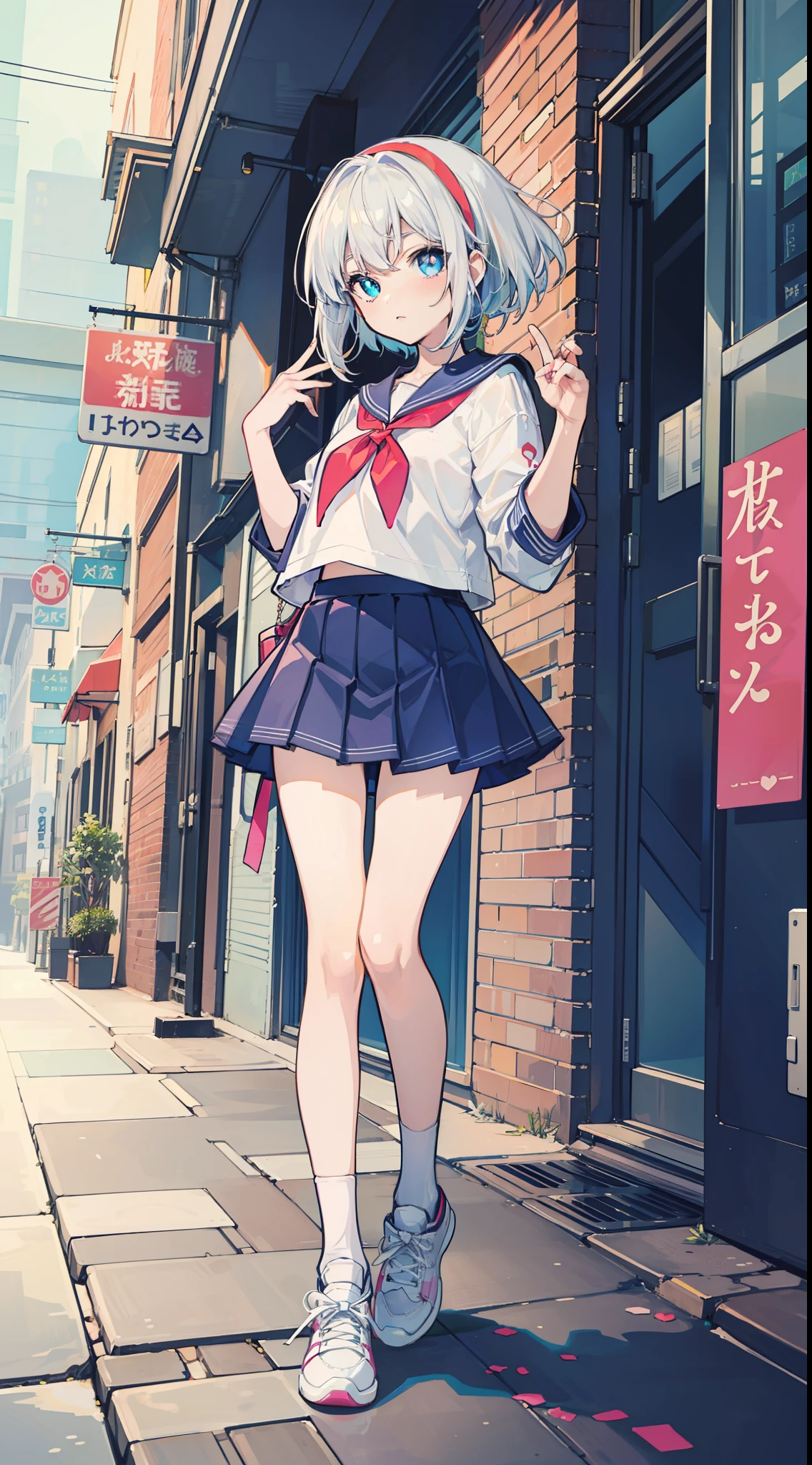 Anime characters with white hair and blue eyes, anime visual of a cute girl, Anime moe art style,Girl with short white hair, Shoujo white hair young anime girl, official character art,Heterochromic pupils,Wear high-top sneakers,White sailor suit,blue accents,red hairband,sitted,your legs,flatchest,Short ponytail hair,White high-top flats in hand,chiquita,Short pleated skirt,Full body photo