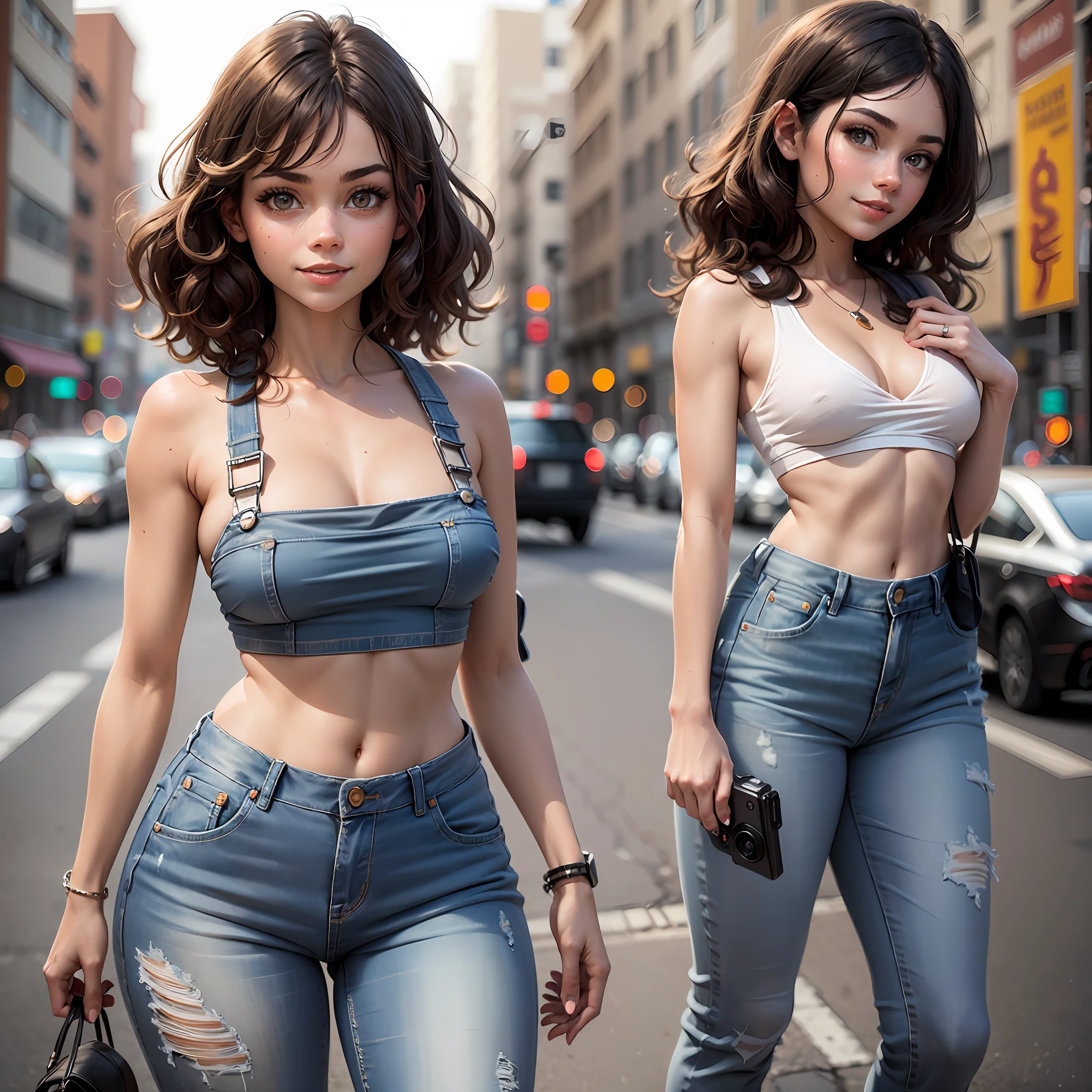 1 gorgeous girl (Sarah Hyland: 1.2), athletic body, big perfect breasts, wide hips, curly black hair, eyes, environment change scene, wearing only "jeans overalls", "without shirt", uncovered shoulders, (on a busy street: 1.3), illustration, ((masterpiece)), (((best quality))), UHD, highres, 8k, best quality, high details, anatomically correct, body side camera, smile at camera