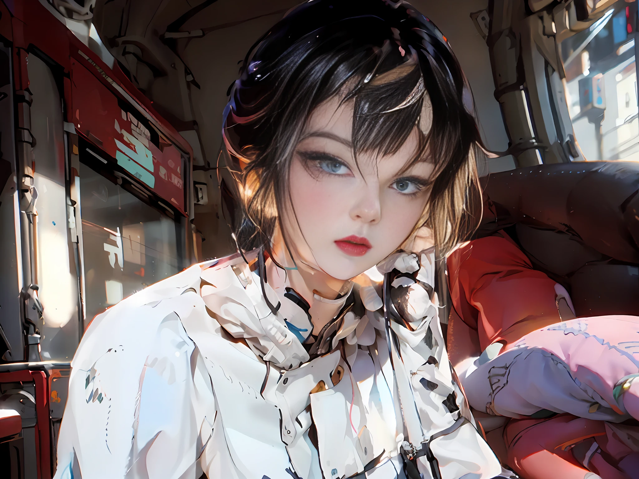 There was a woman sitting on the bus，hair messy, Guviz-style artwork, Guviz, Guweiz in Pixiv ArtStation, Detailed digital anime art, Guweiz on ArtStation Pixiv, anime styled digital art, Anime style. 8K, detailed portrait of an anime girl, Digital anime art, Digital anime illustration