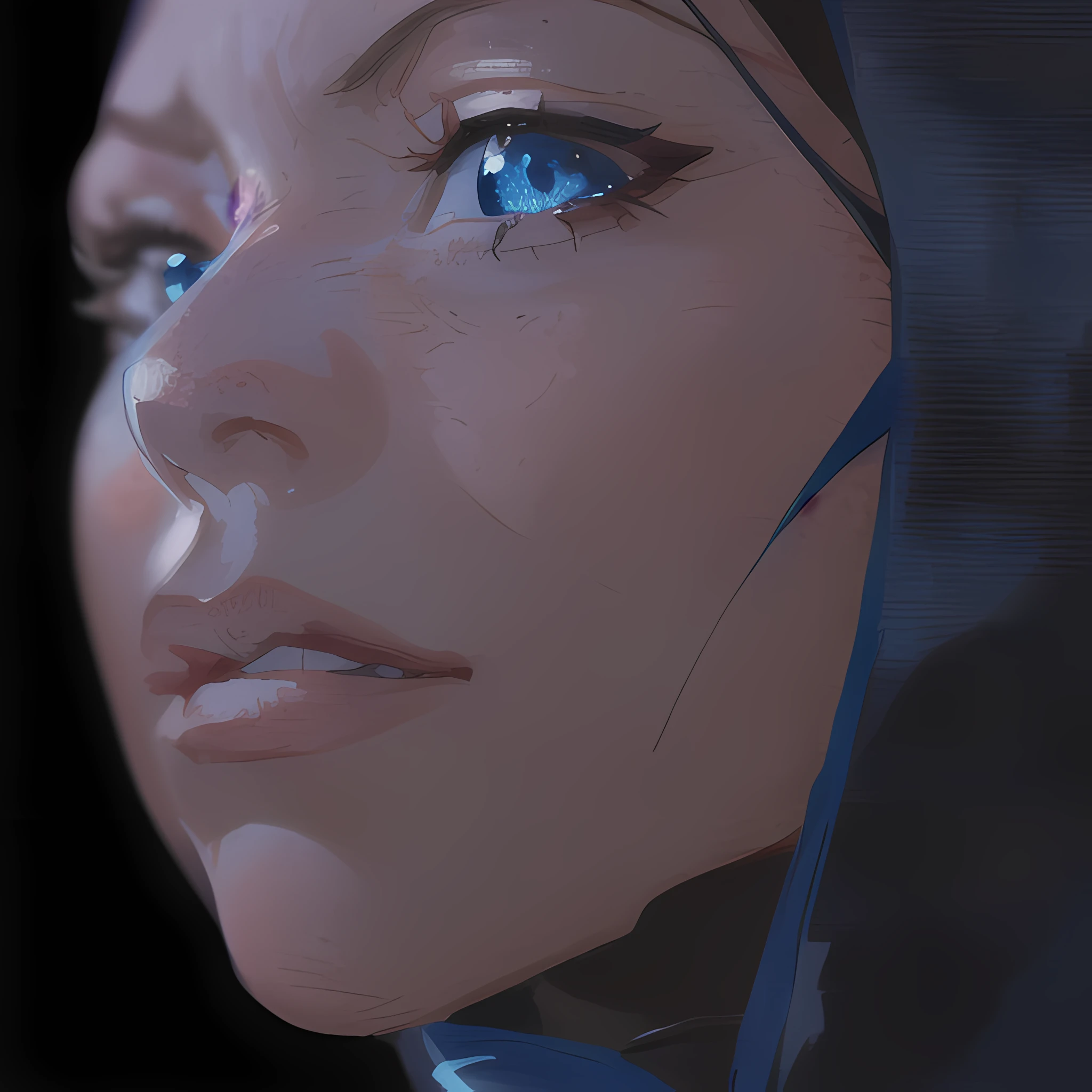 ((close up portrait of middled age woman with a hood on & with big huge giant blue eyes & tiny nose & closed wide thick mouth!!!:1.5)), she is looking at the camera & her expression is solemn, colorfull anime portait, colorfull anim4e profile, solemn expression, mysterious portrait of a woman, inspired by Naruto anime series, myself, mysterious portrait, mysterious eerie portrait, night!!! (((masterpiece))), (((best quality))), ((ultra-detailed)), (highly detailed anime illustration), ((an extremely delicate and beautiful)),(from side),cinematic light,((1anime woman)),solo, black background, extreme detailed,colorful,highest detailed