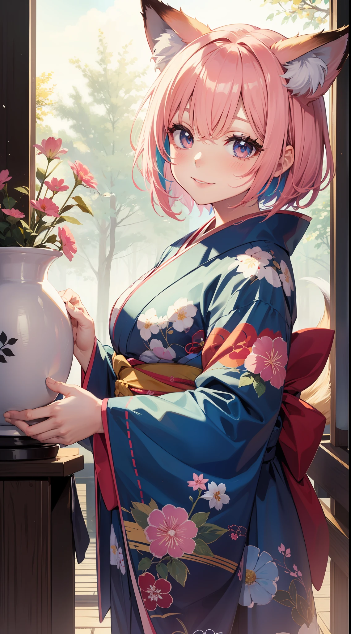 Adult woman, short pink hair, Fox ears, Fox tails, colorful eyes, kimono, ssmile, Masterpiece, hiquality