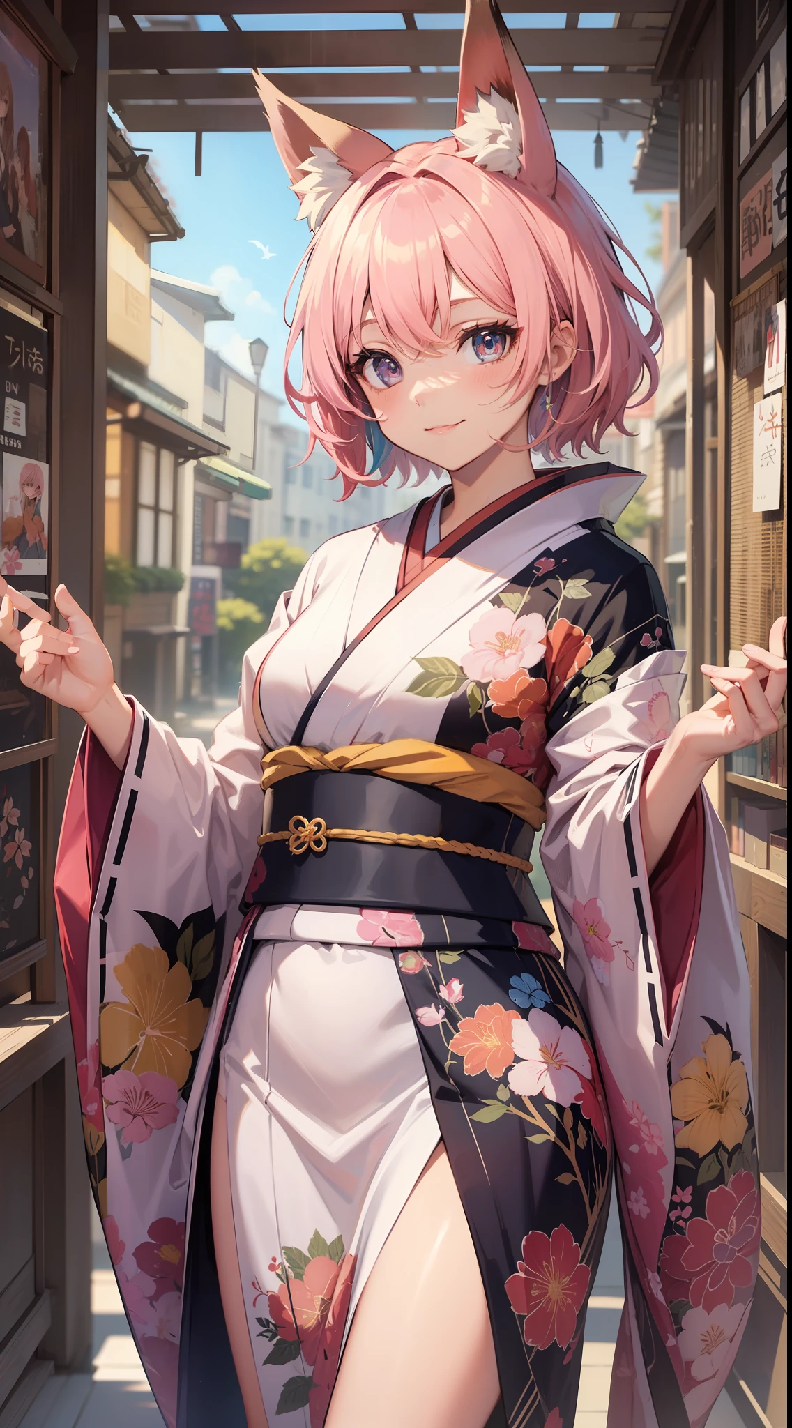 Adult woman, short pink hair, Fox ears, Fox tails, colorful eyes, kimono, ssmile, Masterpiece, hiquality