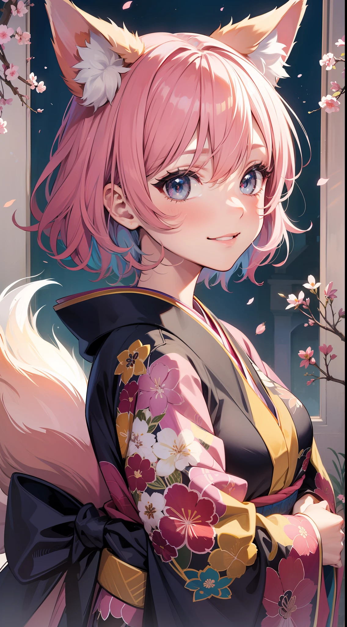 Adult woman, short pink hair, Fox ears, Fox tails, colorful eyes, kimono, ssmile, Masterpiece, hiquality