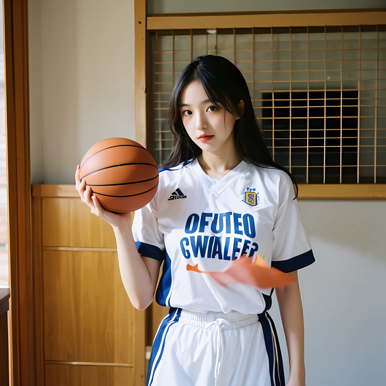 (Best Quality, 8K, 32K, masutepiece, nffsw:1.2),Photo of Pretty Japanese woman, Large breasts,long hair, arafed woman,arafed woman in a white and blue uniform holding a basketball, wearing basketball jersey