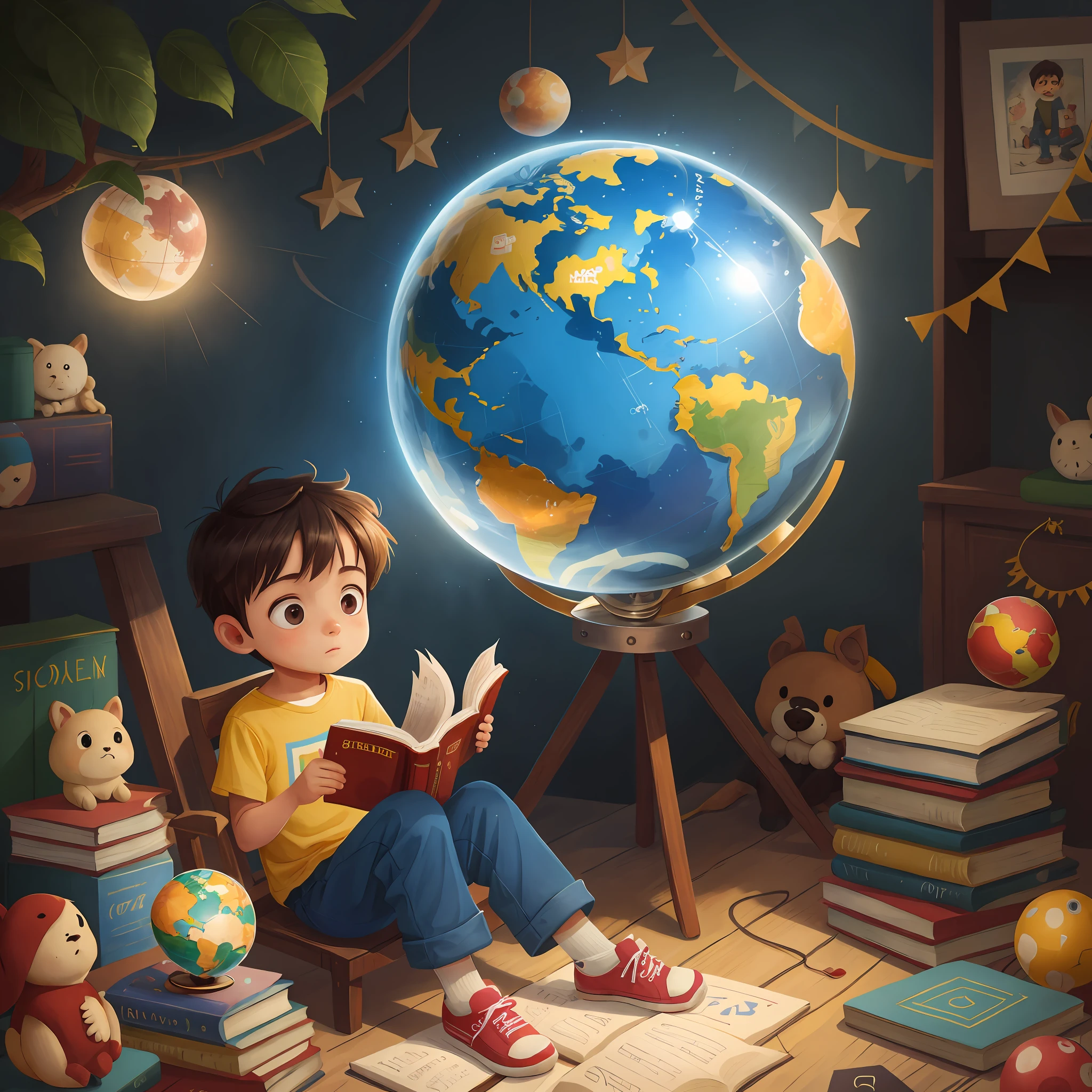 A  sits on the globe reading a book