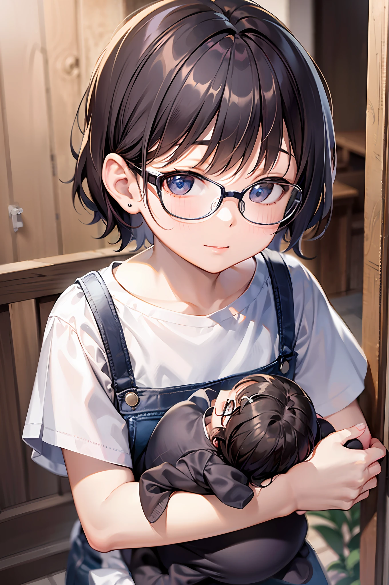 top-quality、超A high resolution、1 、Short hair、Dark hair、hair adornments、eye glasses、Infant body type、outside of house、Holding a baby