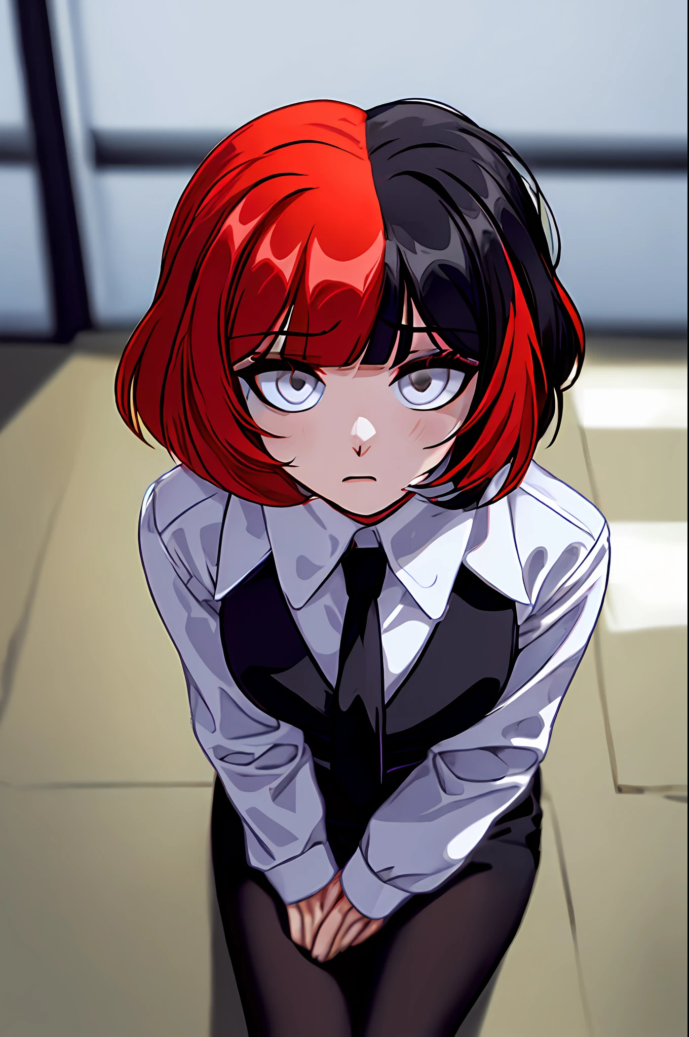 ((tmasterpiece, Best Quality))), ((独奏, 1girl)), ((redhead hair, black  hair, multi-colored hair)), (white  shirt, black necktie), Short Hair Hair, white pantyhose, Sits, very detail, photorealestic, photo realism, Surprised, Puzzled, Sad, Slightly blurry background