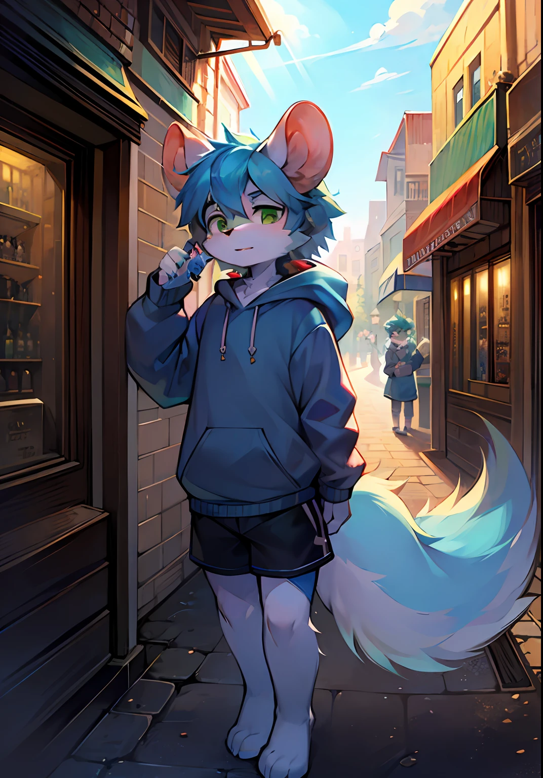 Bright environment,Summer Street,rays of sunshine,in a panoramic view,Character focus,shaggy,shaggy male,(Full body fur,Elongated tail,furry tail,Light purple fur,White fur,Green eyes,dark-blue hair),(Rodents,Light blue sweatshirt,yogurt)