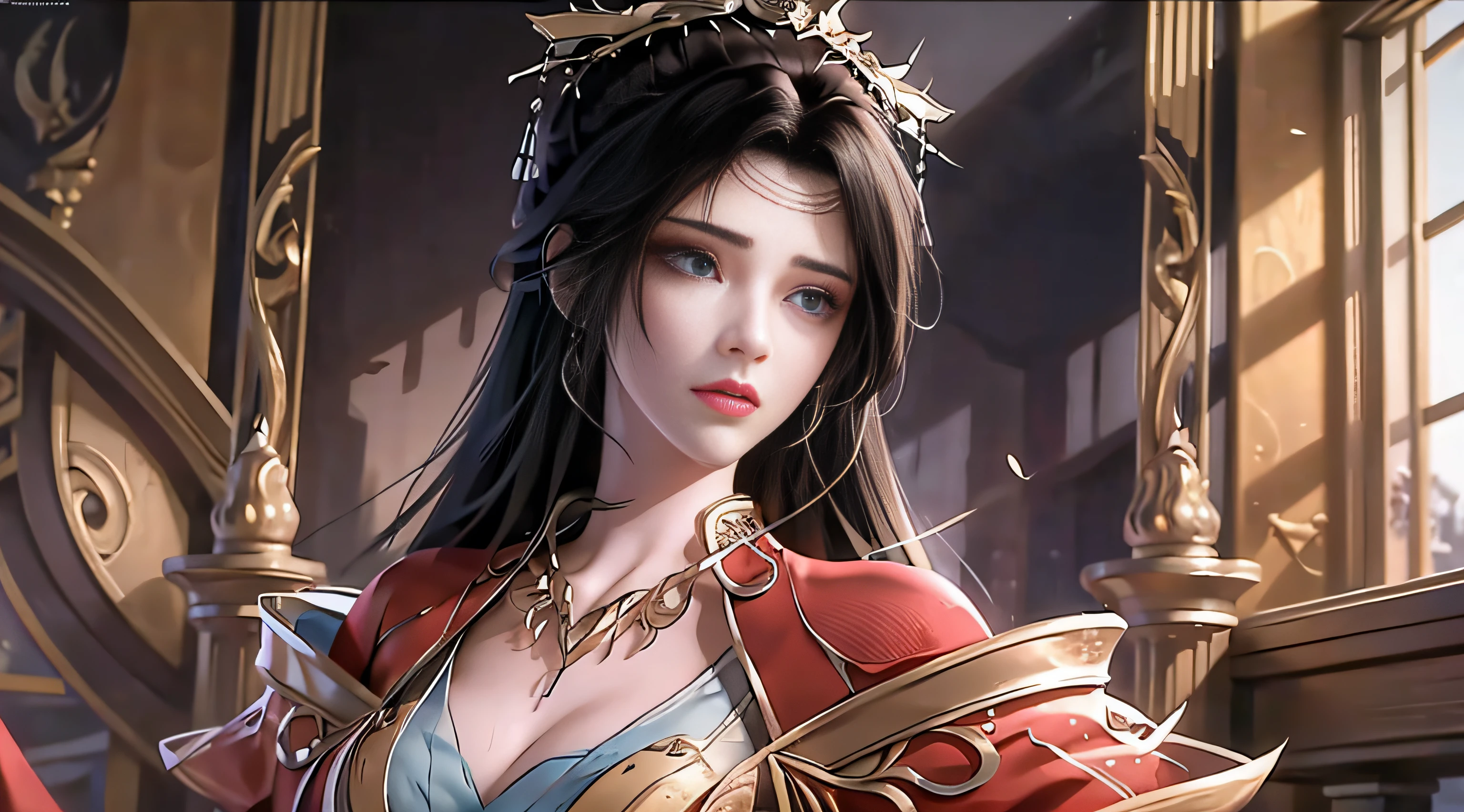 best qualtiy,tmasterpiece,Extremely Delicately Beautiful,The is very detailed,CG,unified,8k wallpaper,Beautiful Meticulous Girl,(very vey very detailed face), 1girll,独奏,full bodyesbian,Stand in a gorgeous room,Wearing a long red dress,large tities