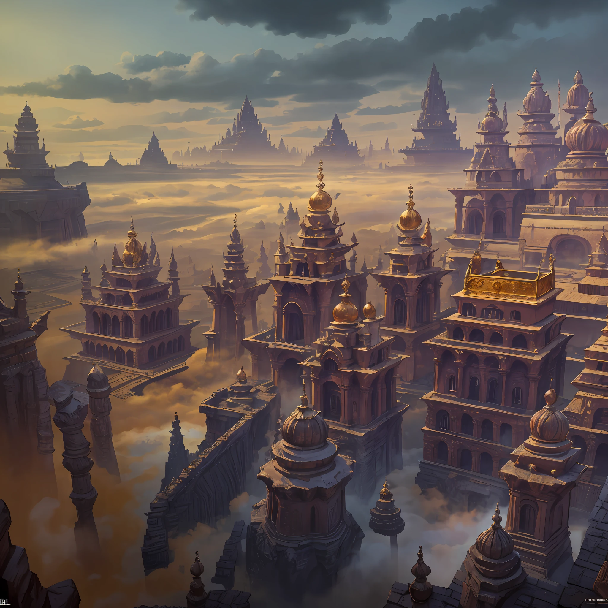 AErial shot of 5,000-year-old "" Golden "" indian city with Indian architecture. Ornate pillars, dozens of " intricate carvings temples spread across area large" and 100' of ((golden stone))palaces, houses Spread across large area and Surrounded by a moat and a high wall. Buiit on a grid system. low fog around. detailed matte painting, deep color, fantastical, intricate detail, splash screen, complementary colors, fantasy concept art, 8k resolution trending on Artstation Unreal Engine 5