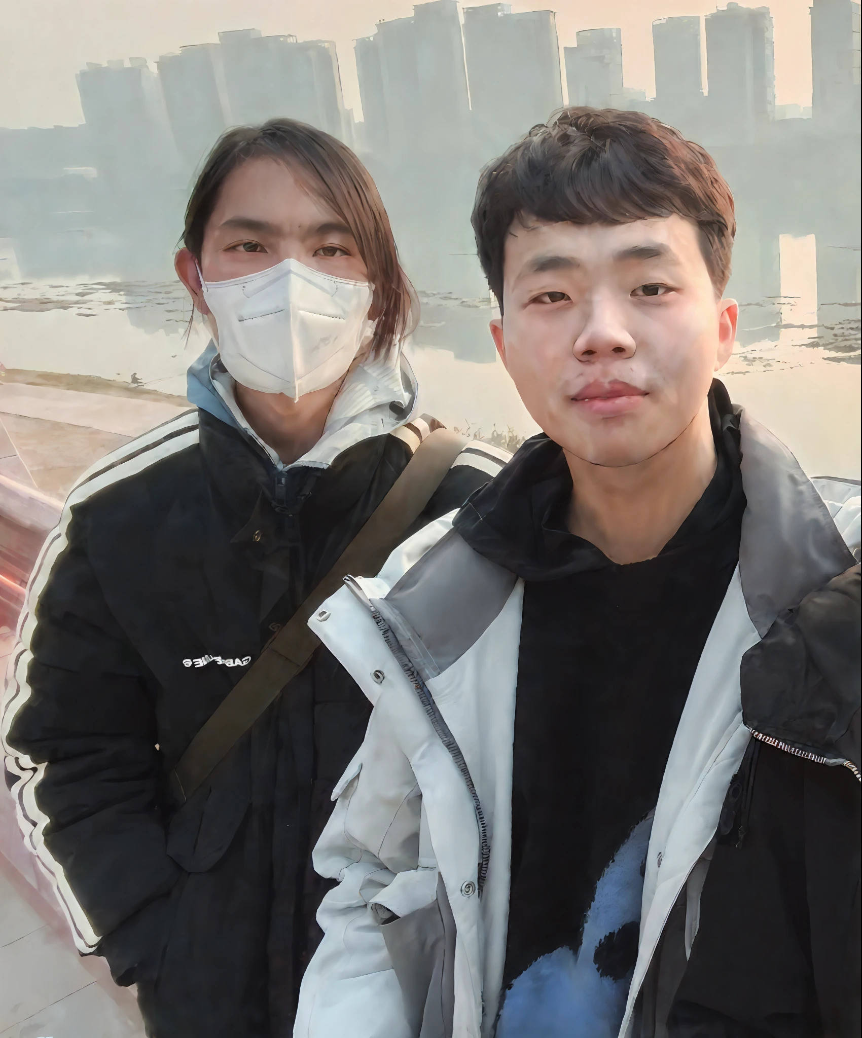 (Art HD 8,000 pixel selfie photo,Extremely realistic,scifi style,Mechanical armor,tightsuit,mechs,robot),Two young men wearing masks,Long-haired wolf-tailed boy in a black mechanical trench coat wearing a mechanical mask,Wearing white mechanical style clothes,Curly-haired boy without a mask