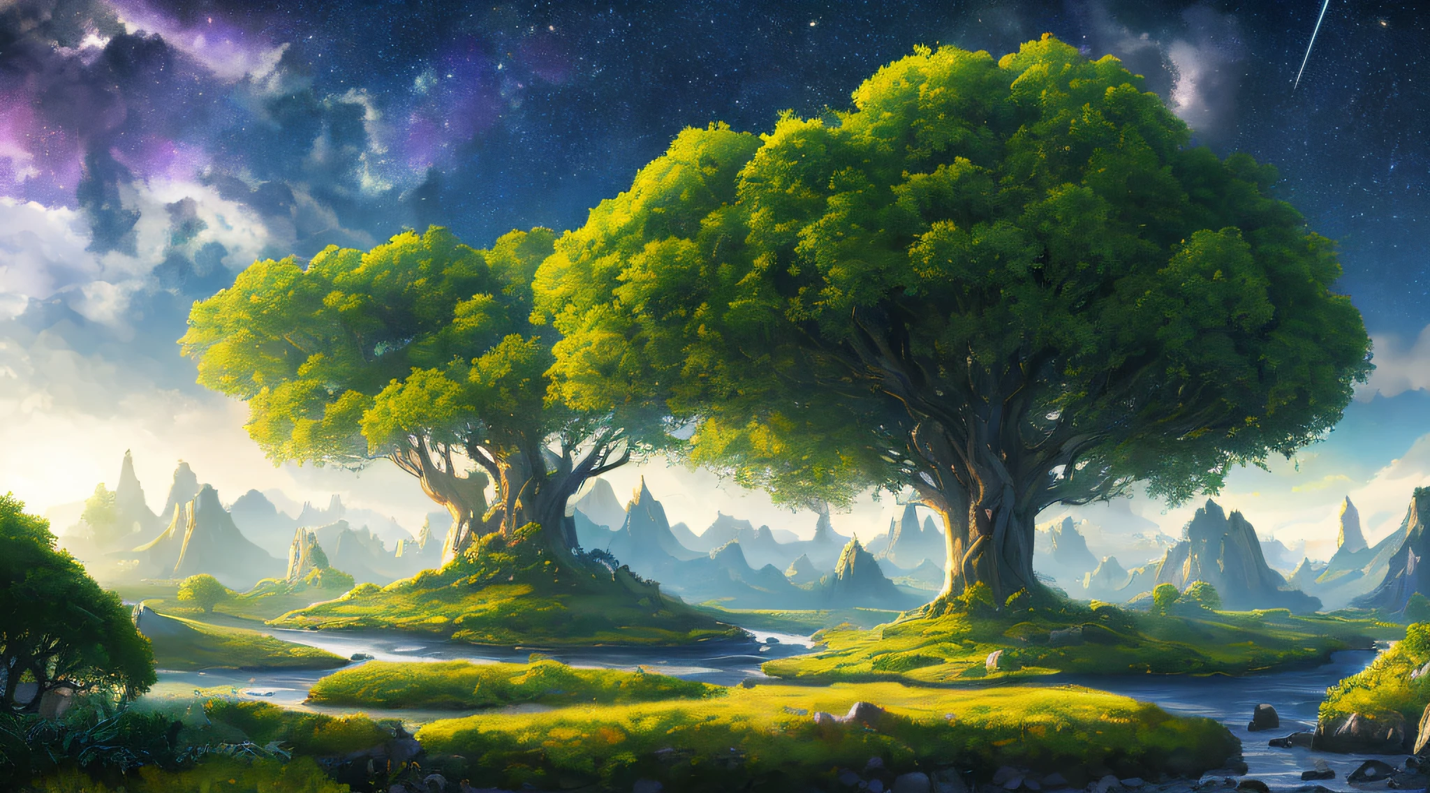 Illustration of a surreal, otherworldly, hyper sky scene including a giant crystal tree full body, highly detailed and magical lighting, intricate forest details, vegetation and surrounding river, solar punk, landscape, giant tree , beautiful green leaves, beautiful lighting and realistic proportions, as if this is a movie background, 8k, highest quality, masterpiece, clouds and stars in the sky.