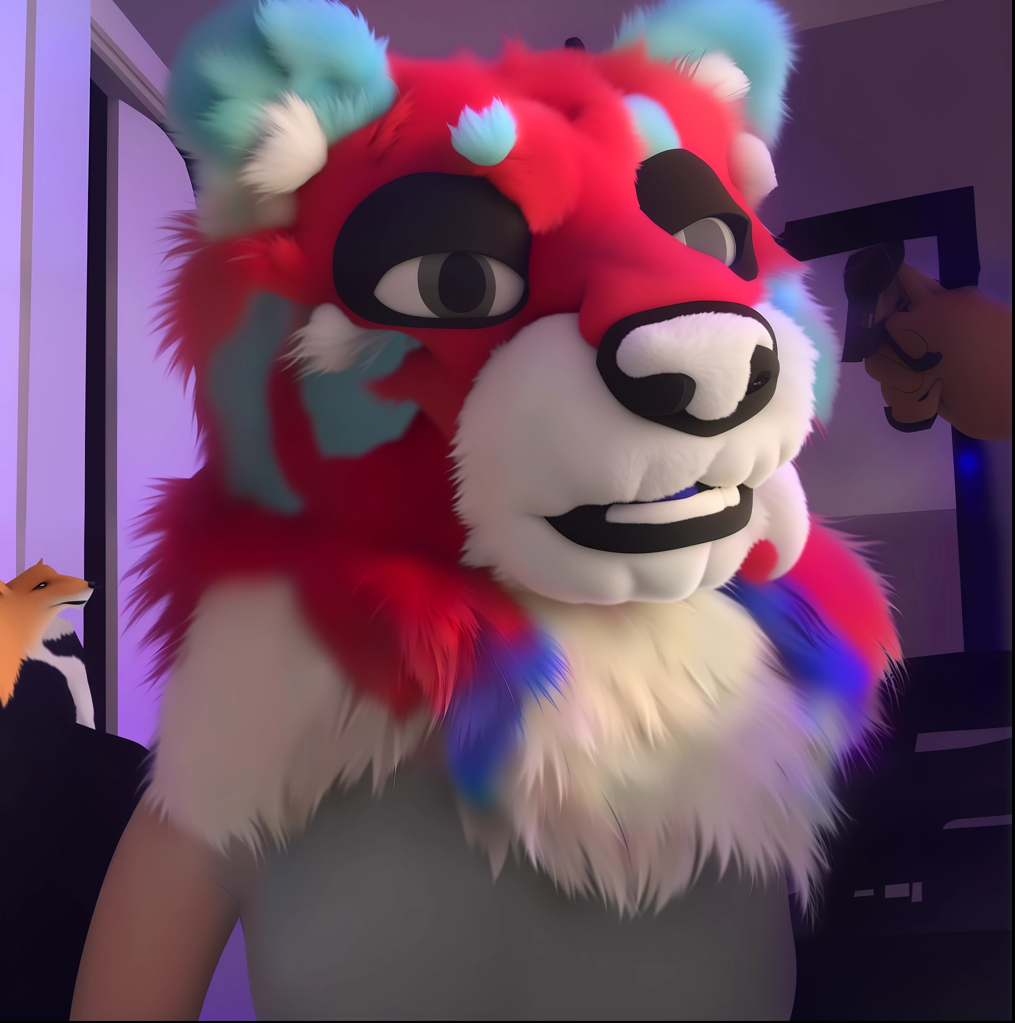 araffe mask with a red, blue, and red furry animal head, fursuit, 4 k hd fur face!!!, fursuit!!!!, furry fursona, fursona!!!!, thick furry neck and chest fluff, furry character, furry furaffinity, headshot of young female furry, the furry fursuit is running, pov furry art, macro furry, an anthro fox