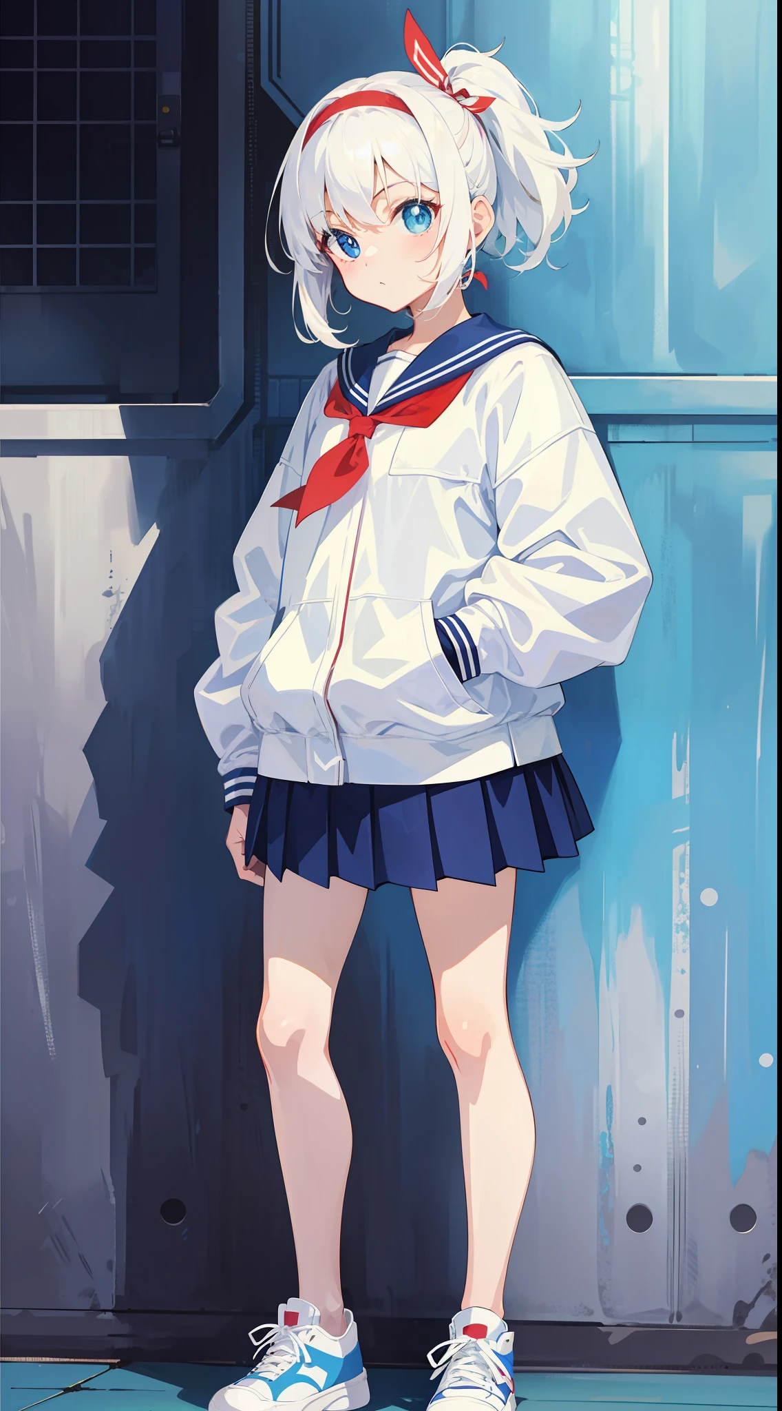Anime characters with white hair and blue eyes, anime visual of a cute girl, Anime moe art style,Girl with short white hair, Shoujo white hair young anime girl, official character art,Heterochromic pupils，Wear high-top sneakers，White sailor suit，blue accents，red hairband，sitted，your legs，flatchest，Short ponytail hair，White high-top flats in hand，chiquita，Short pleated skirt，Full body photo
