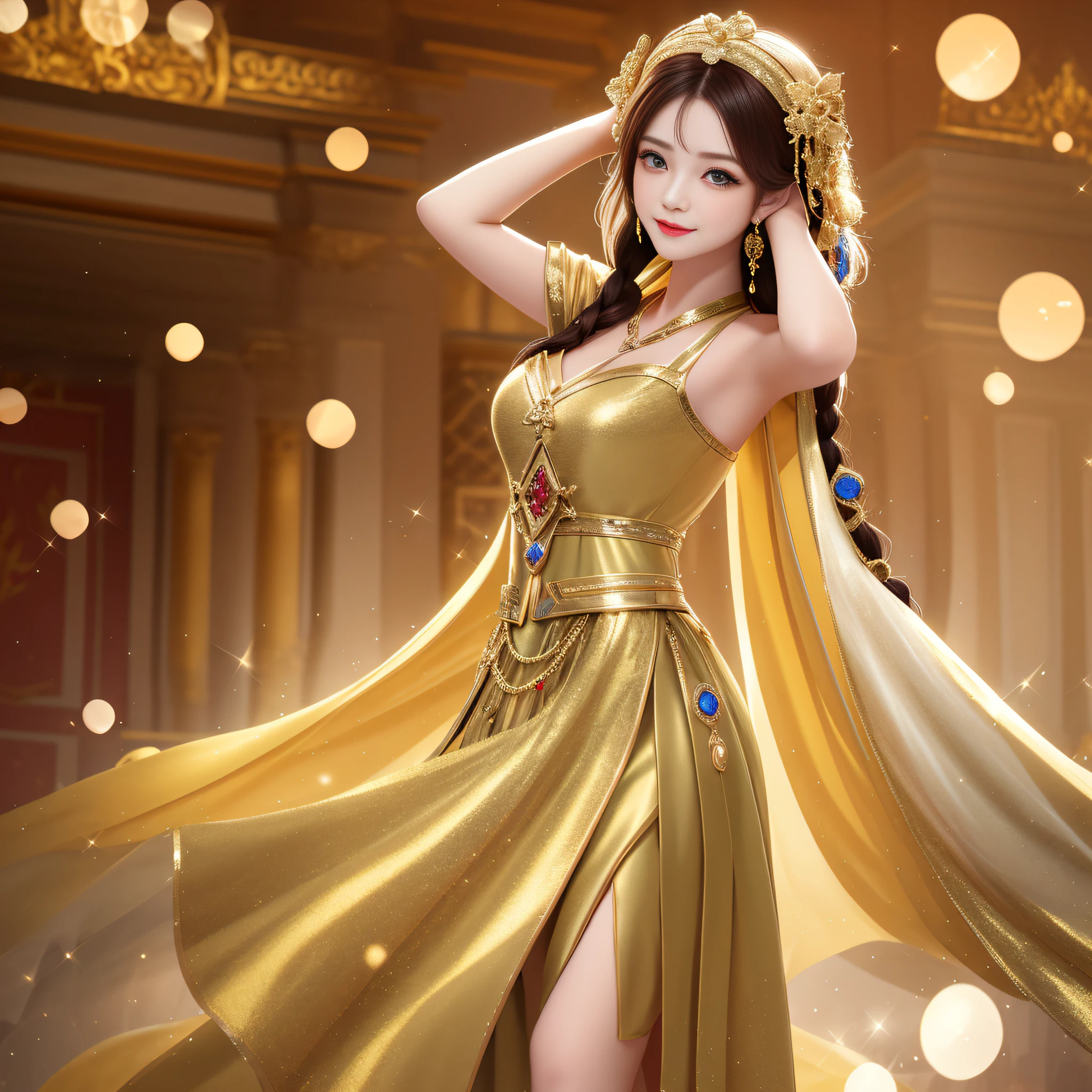 Need,tmasterpiece,The upper part of the body,(AS-Adult:1.6)Russian woman,(ssmile:0.5),Fold your arms behind your head,Golden braids,sparkle eyes,Russian palace costumes,Floating particles of light,at centre,