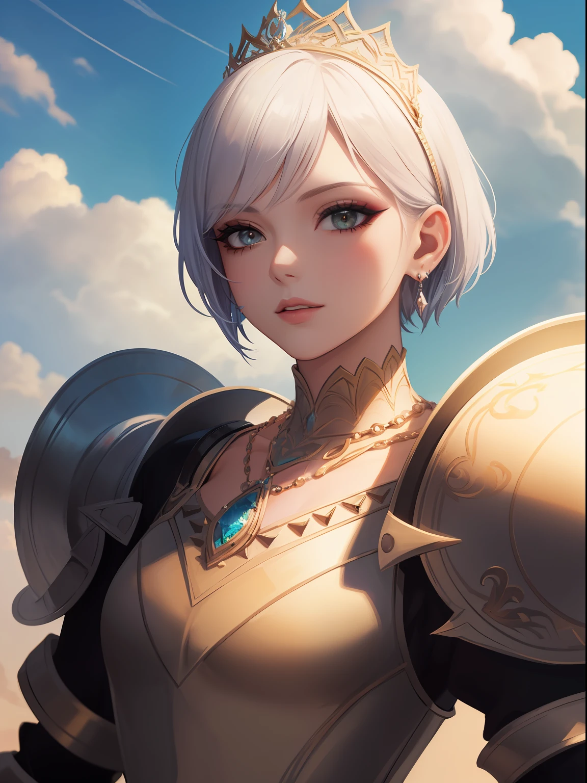 (2d painting, high quality), (close shot of a elegant queen woman), fantasy warrior, heavy armor, upper body, makeup, small crown, necklace, earrings, short hair, sunny, sky, clouds, drop shadow, dynamic lighting, official art, ultra-detailed, aesthetic, masterpiece