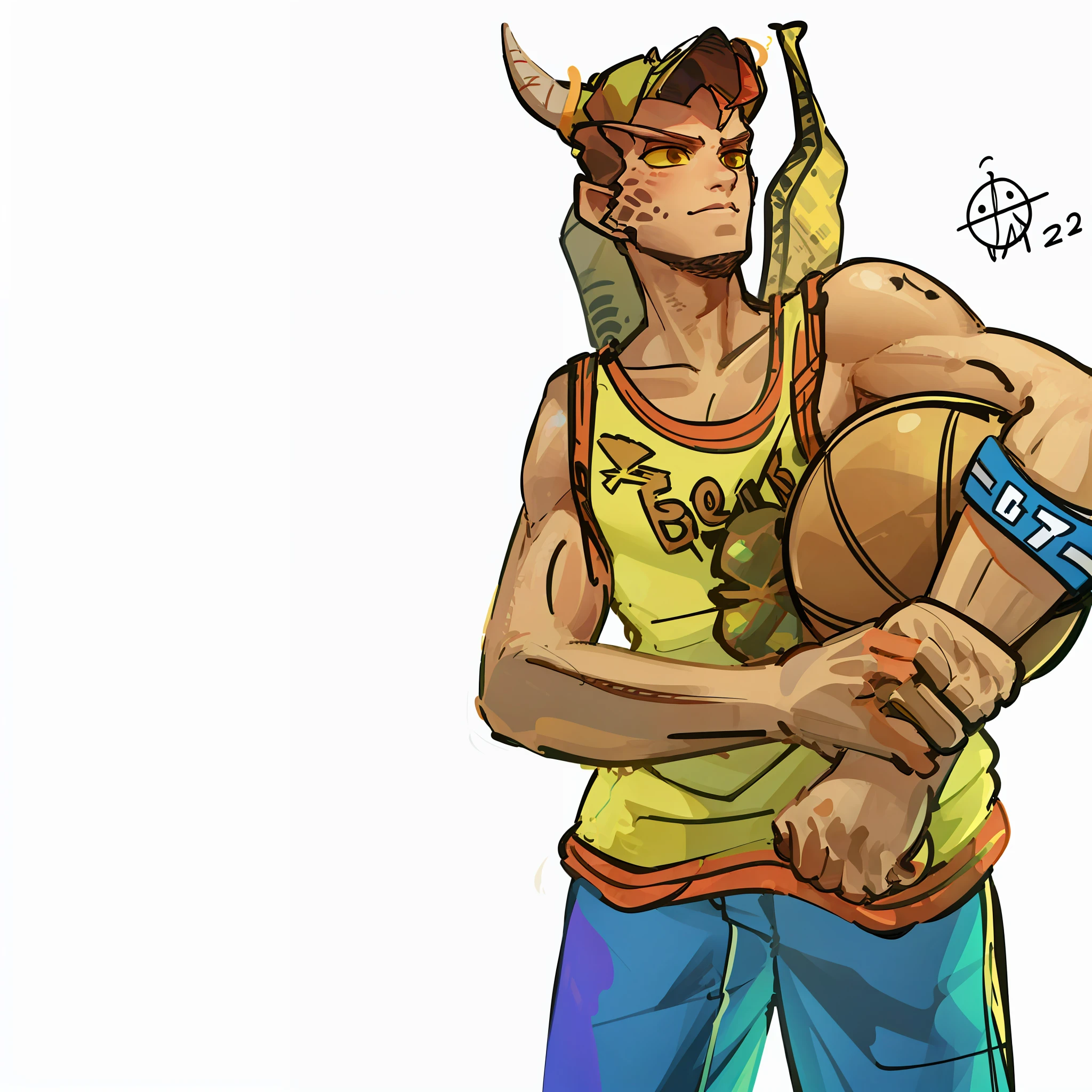 desenho animado de um homem segurando uma bola de basquete e um basquete, joseph joestar, Sem chifres, Chifres!, com chifres, em um capacete com chifres, warriors fan art, inspirado em Eiichiro Oda, Lowres, horns on head, Junkrat de Overwatch, two horns on the head, inspirado em Junpei Satoh, inspirado no CHAMBA, eles chifres
