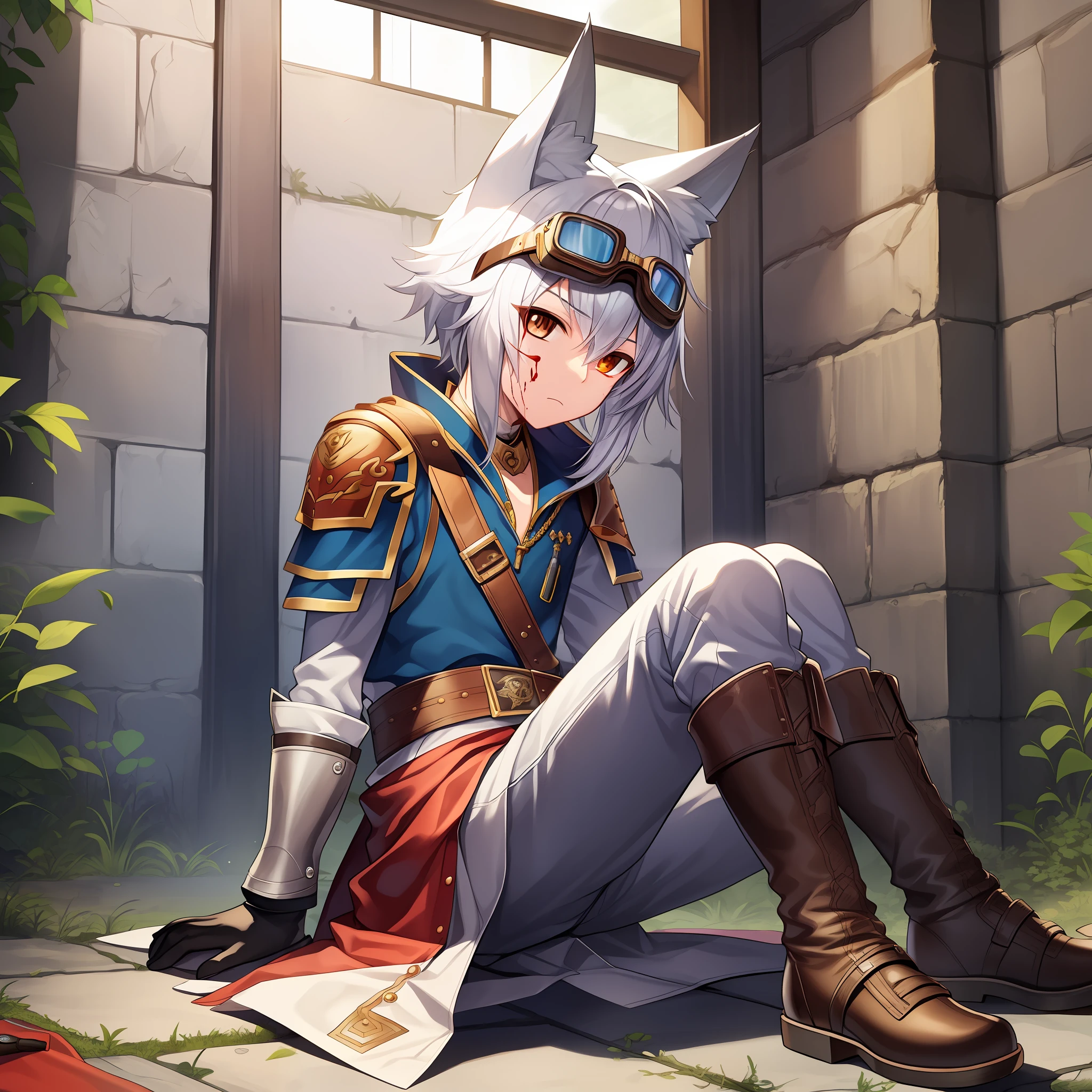 Game CG，(younge boy)，(Sense of childhood)，Wolf ears，The wound bleeds，painful，Wolf tail，Defeat，Goggles，Leather armor，Falcon gloves，sash，adventurer，White trousers，Leather boots，Sit with your legs open，