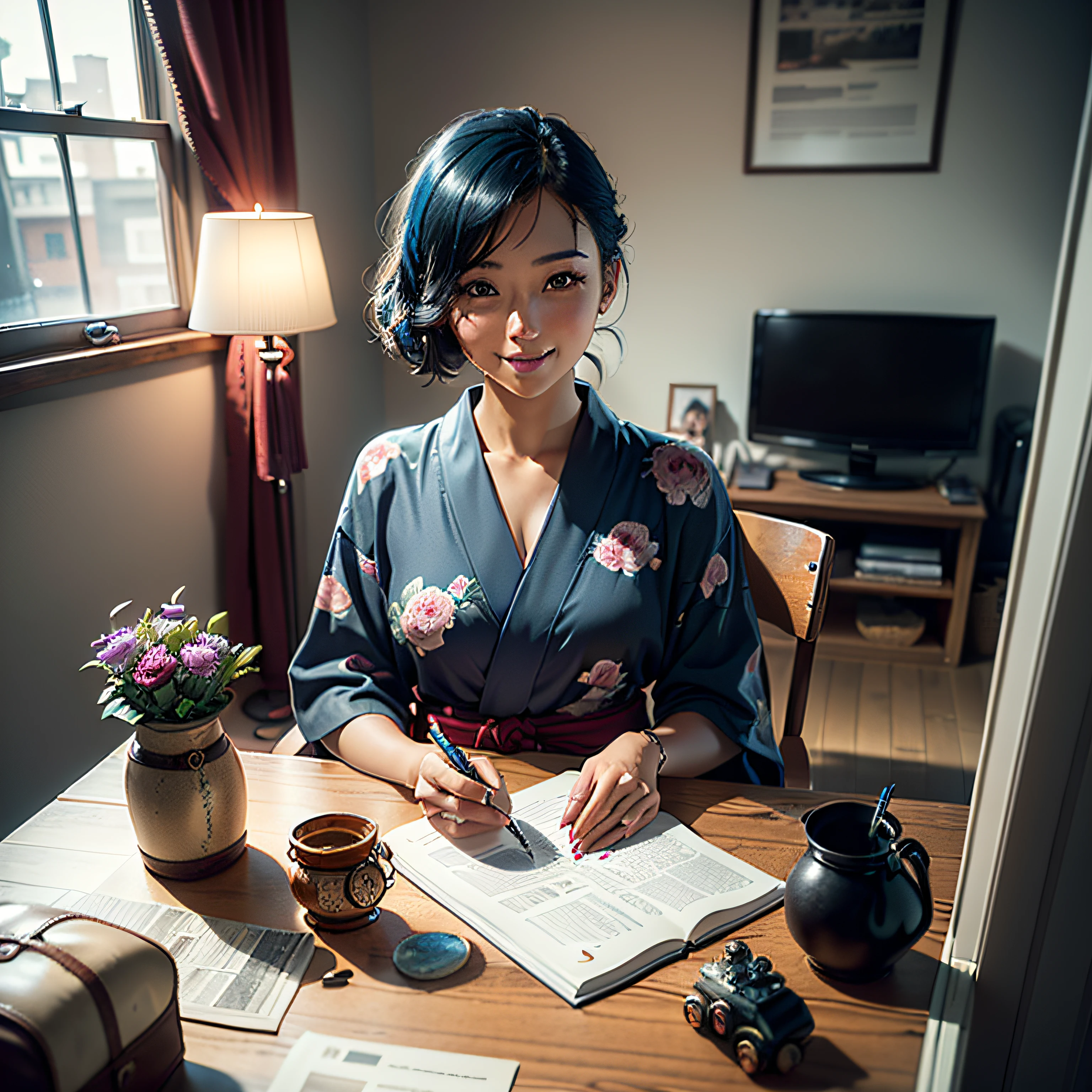 (Masterpiece, highest quality, highest resolution, distinct_image, very elaborate CG, cinematic lighting, ray tracing, drop shadows, detailed detail, (photorealistic: 1.4), high quality textures, fine-grained, realistic face expression): (Girl alone, face is Japan, blue hair, small size breasts, sparkling blue eyes, Eye level shot, happy smile, beauty, slim body, holiday, own room, game console, computer, display, keyboard, mouse, yukata, handgun holder, leather bag, long boots, antique radio, coffee, model train, bookshelf, wooden chair, pot, fan, painting, stuffed animal, tie, notebook, stationery, vase, photo frame, letter, fountain pen, calendar, lamp, cushion, basket, mirror, candle, newspaper, sweets, outside the window you can see the park, telephone, fruit, telescope, retro TV)