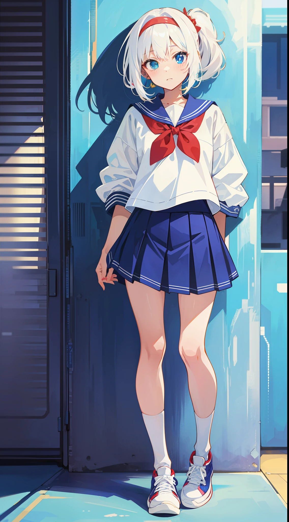 Anime characters with white hair and blue eyes, anime visual of a cute girl, Anime moe art style,Girl with short white hair, Shoujo white hair young anime girl, official character art,Heterochromic pupils,Wear high-top sneakers,White sailor suit,blue accents,red hairband,sitted,your legs,flatchest,Short ponytail hair,White high-top flats in hand,chiquita,Short pleated skirt,Full body photo