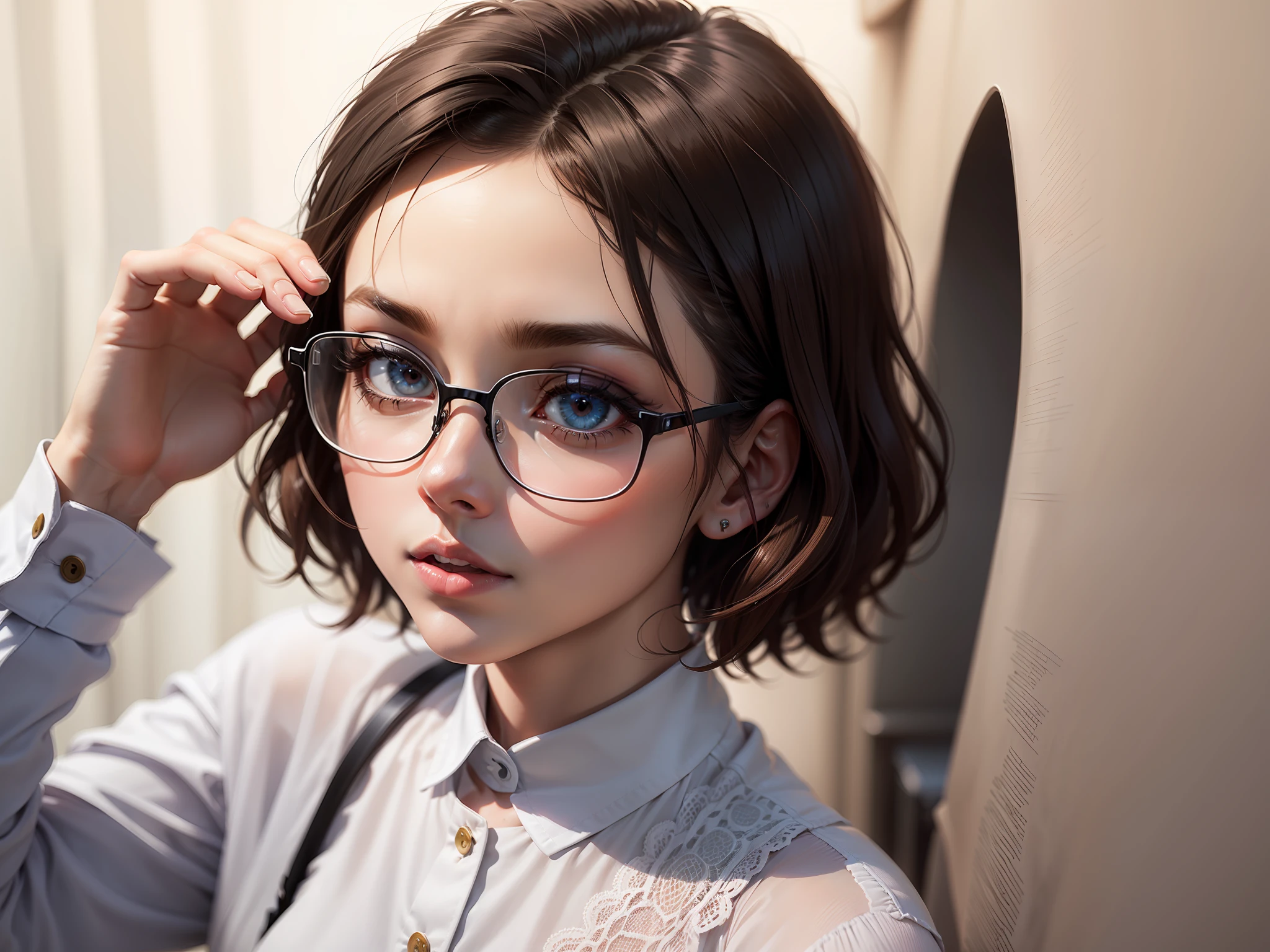 short detailed hair，eye glass，The shirt