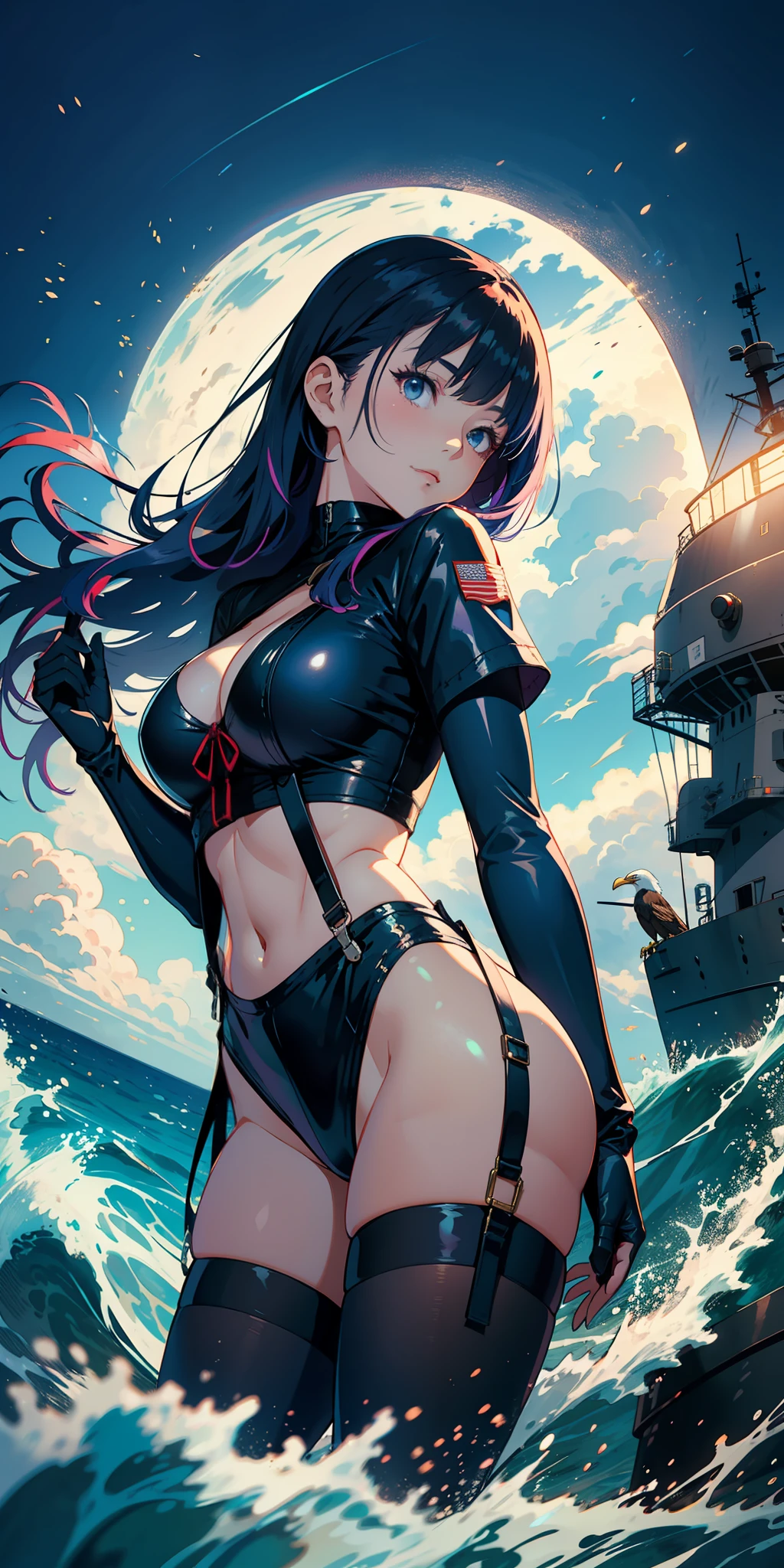 1个Giant Breast Girl,Purple colored hair,Long flowing hair,Qi bangs,Delicate and beautiful face,crisp breasts,Convex buttocks,Wears black tight short sleeves,dark blue short dress,black suspenders stockings,Dark blue sleeves,Dark blue high heels,A dark blue army coat draped over his shoulders,beachside,Bald Eagle,Naval warships,American flag,perfectly proportioned, Cinematic lighting, filmgrain, Fuji colors, lightand shade contrast, 8K, 巨作, Textured skin, Super detail, high detal, High quality, A high resolution,