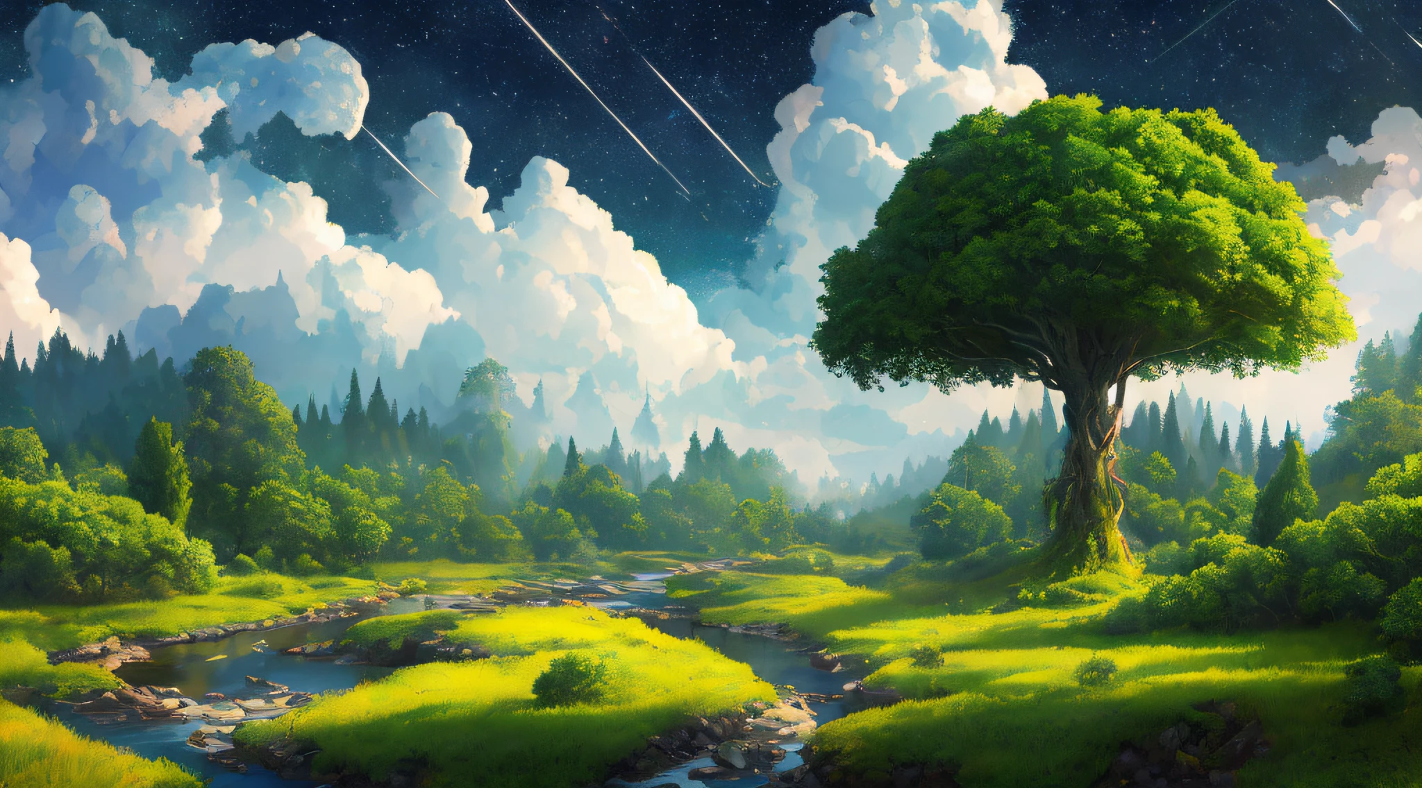 Illustration of a surreal, otherworldly, hyper sky scene including a giant crystal tree full body, highly detailed and magical lighting, intricate forest details, vegetation and surrounding river, solar punk, landscape, giant tree , beautiful green leaves, beautiful lighting and realistic proportions, as if this is a movie background, 8k, highest quality, masterpiece, clouds and stars in the sky.