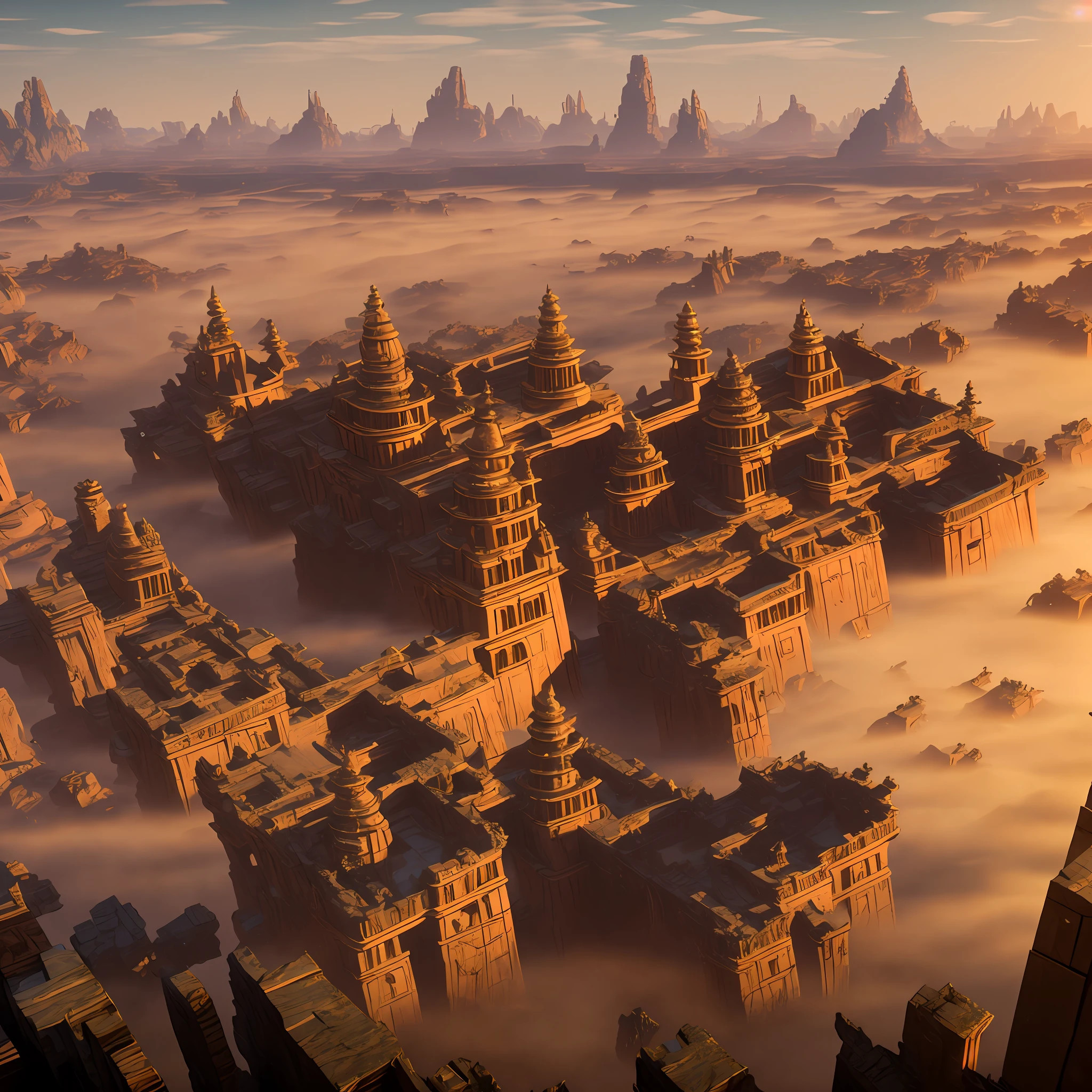 AErial shot of 5,000-year-old "" Golden "" indian city with Indian architecture. Ornate pillars, dozens of " intricate carvings temples spread across area large" and 100' of ((golden stone))palaces, houses Spread across large area and Surrounded by a moat and a high wall. Buiit on a grid system. low fog around. 3D Game Cinematic Feel, Epic 3D Videogame Graphics, Intricately Detailed, 8K Resolution, Dynamic Lighting, Unreal Engine 5, CryEngine, Trending on ArtStation, HDR, 3D Masterpiece, Unity Render, Perfect Composition