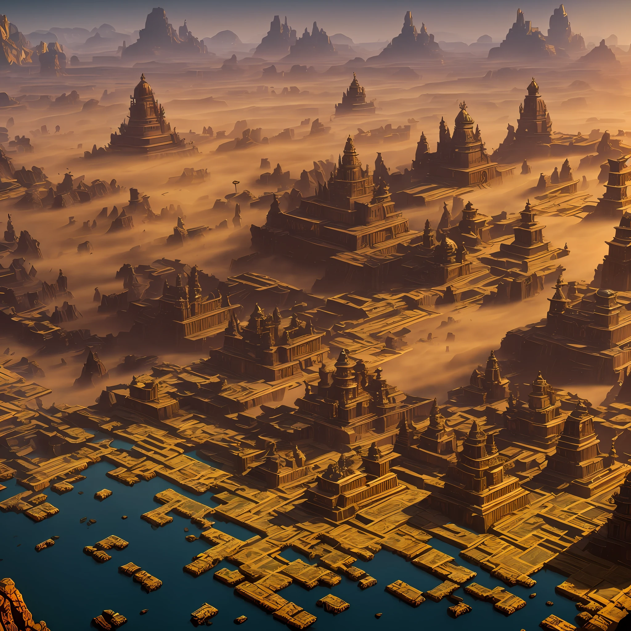 AErial shot of 5,000-year-old "" Golden "" indian city with Indian architecture. Ornate pillars, dozens of " intricate carvings temples spread across area large" and 100' of ((golden stone))palaces, houses Spread across large area and Surrounded by a moat and a high wall. Buiit on a grid system. low fog around. detailed matte painting, deep color, fantastical, intricate detail, splash screen, complementary colors, fantasy concept art, 8k resolution trending on Artstation Unreal Engine 5