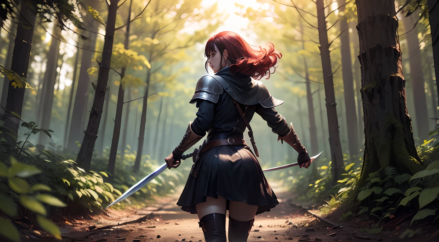 ((melhor qualidade, 8k, obra-prima: 1,3)), a plague tales Amicia in an autumn forest holding a black medieval blade with purple stones on the red hair blade fighting with a black demon, Gameplay: Third person over shoulder view, dynamic pose, ultra realistic, 16k, cinemactic, Motor irreal, ray tracing, Ultra Epic, epics, Jogo do Ano --auto