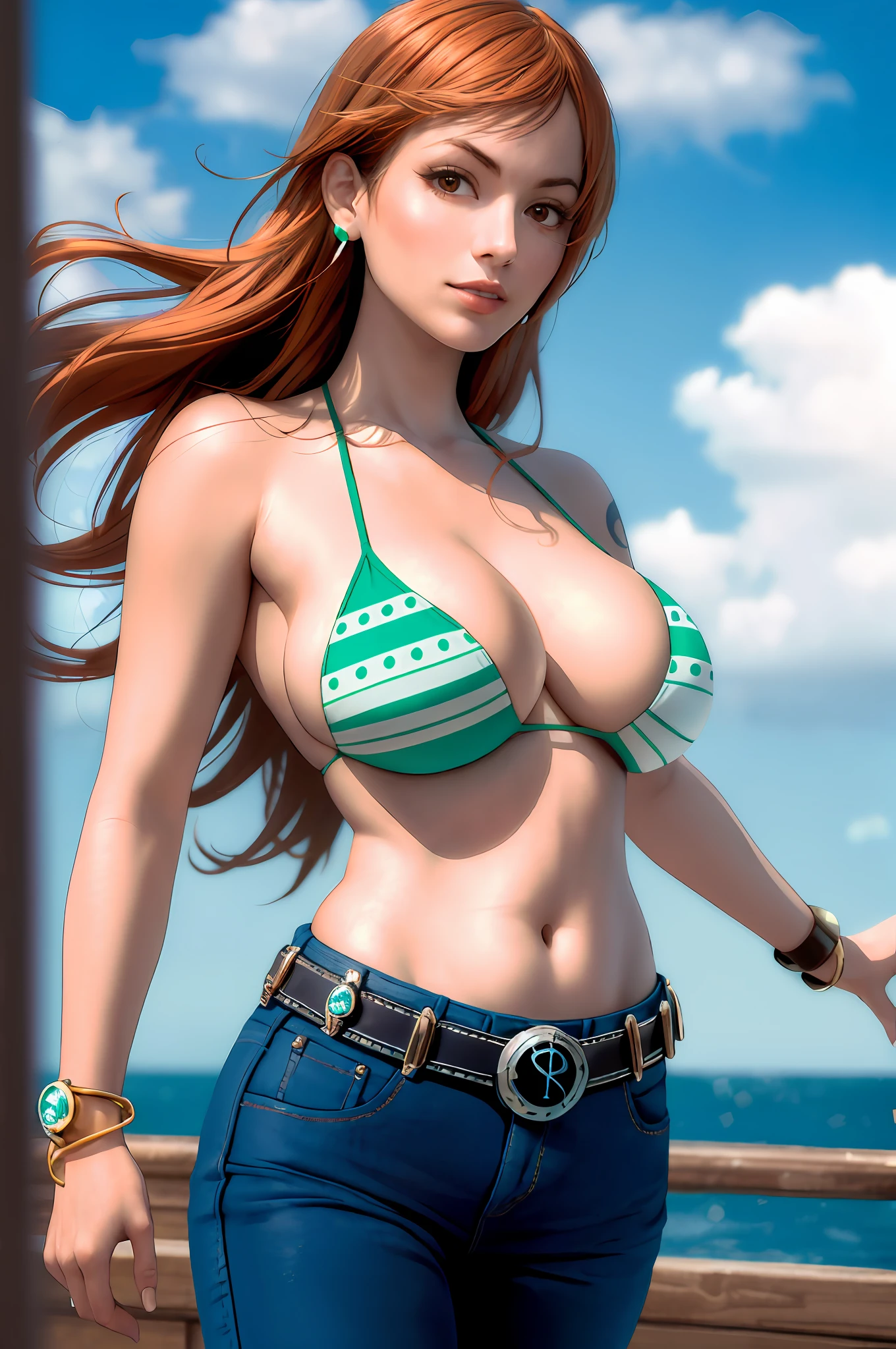 masterpiece, (photorealistic:1.5), best quality, beautiful lighting, real life, nami \(one piece\),
1girl, bangle, bangs, bare shoulders, belt, bikini, bikini top only, blue sky, bracelet, breasts, brown eyes, bubble, cleavage, cloud, cowboy shot, day, denim, earrings, floating hair, green belt, green bikini, groin, jeans, jewelry, large breasts, log pose, long hair, looking at viewer, navel, orange hair, pants, shoulder tattoo, sidelocks, sky, smile, solo, standing, stomach, swimsuit, tattoo
, intricate, high detail, sharp focus, dramatic, beautiful girl , (RAW photo, 8k uhd, film grain), caustics, subsurface scattering, reflections