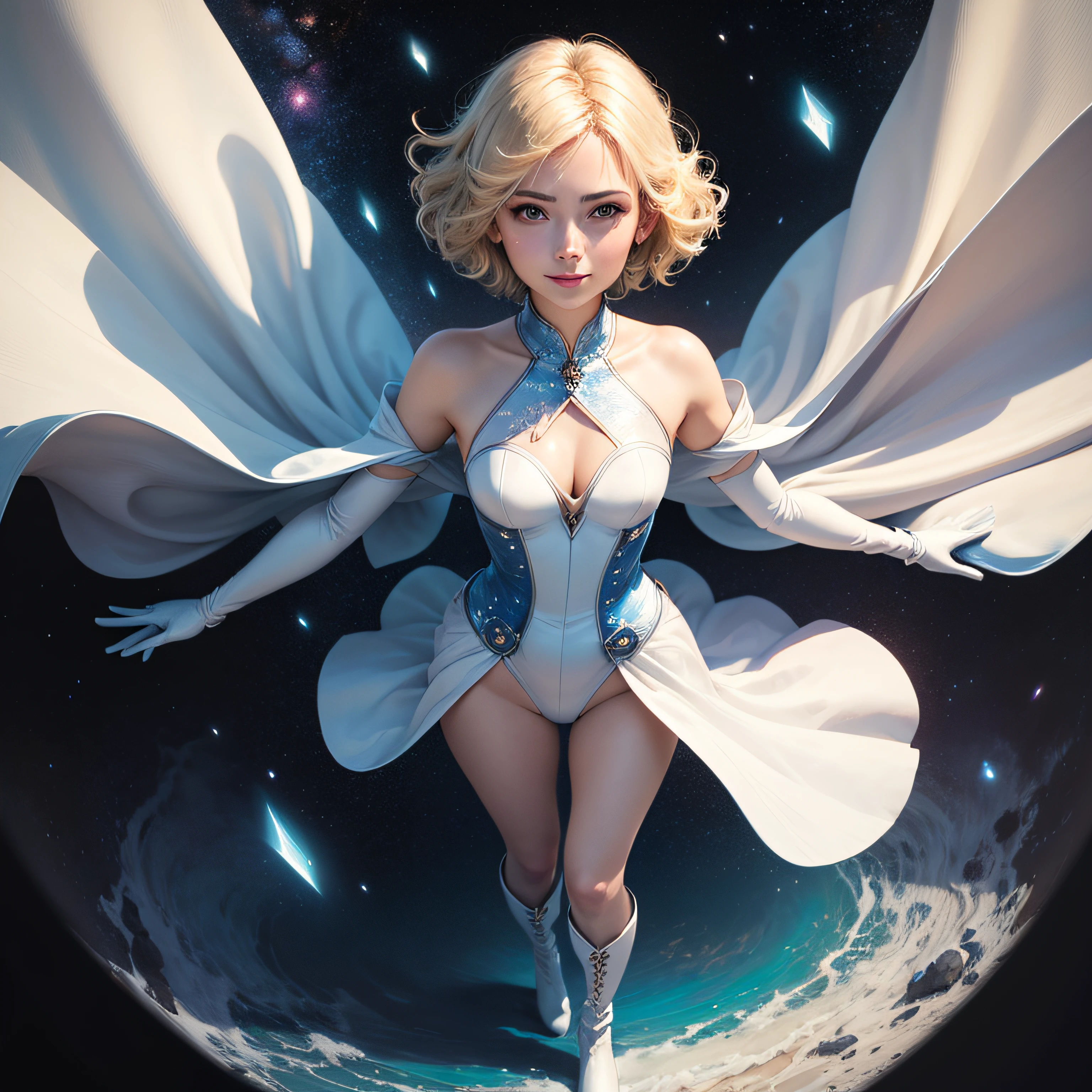 Absurd resolution, high resolution, (masterpiece: 1.4), super detailed, girl alone, from above, future, psychic powers, legend, universe, floating, blonde, petite, short hair, space-time, long boots, white and blue costume, elbow-to-elbow gloves, gentle smile, wind blowing