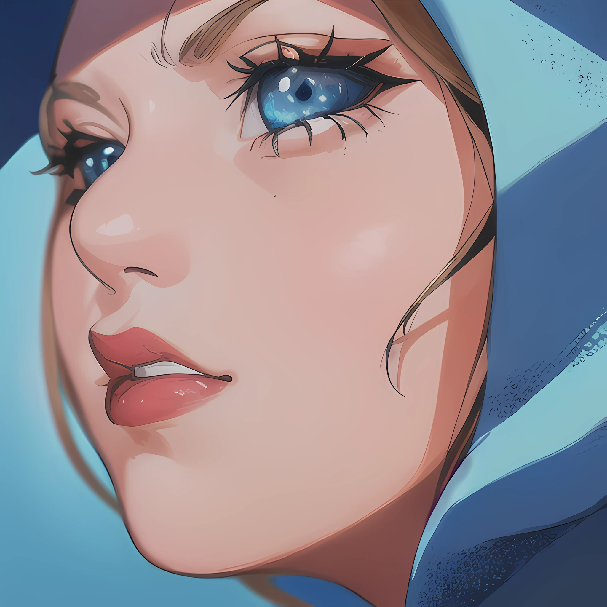 ((close up portrait of middled age woman with a hood on & with big huge giant blue eyes & tiny nose & closed wide thick mouth!!!:1.5)), she is looking at the camera & her expression is solemn, colorfull anime portait, colorfull anime profile, solemn expression, mysterious portrait of a woman, inspired by Naruto anime series, myself, mysterious portrait, mysterious eerie portrait, night!!! (((masterpiece))), (((best quality))), ((ultra-detailed)), (highly detailed anime illustration), ((an extremely delicate and beautiful)),(from side),cinematic light,((1anime woman)),solo, black background, extreme detailed,colorful,highest detailed