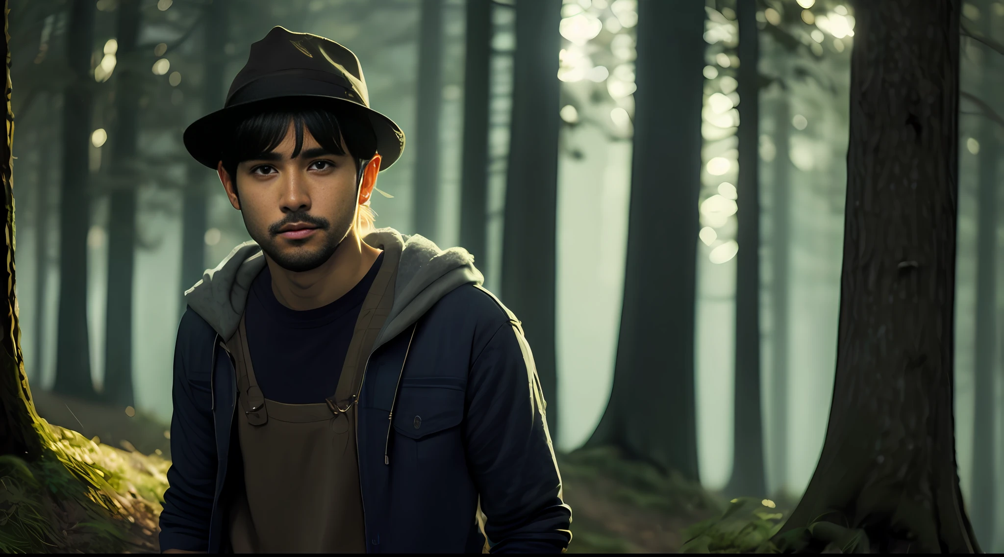 close-up photo of the simple-looking backwoodsman named Gabriel, roupas simples, de joelhos, parecendo muito bonito na floresta, soft volumetric lights (luz de fundo: 1.3), (Cinematics: 1.2), detalhes intrincados (season art: 1.3), Rutkowski