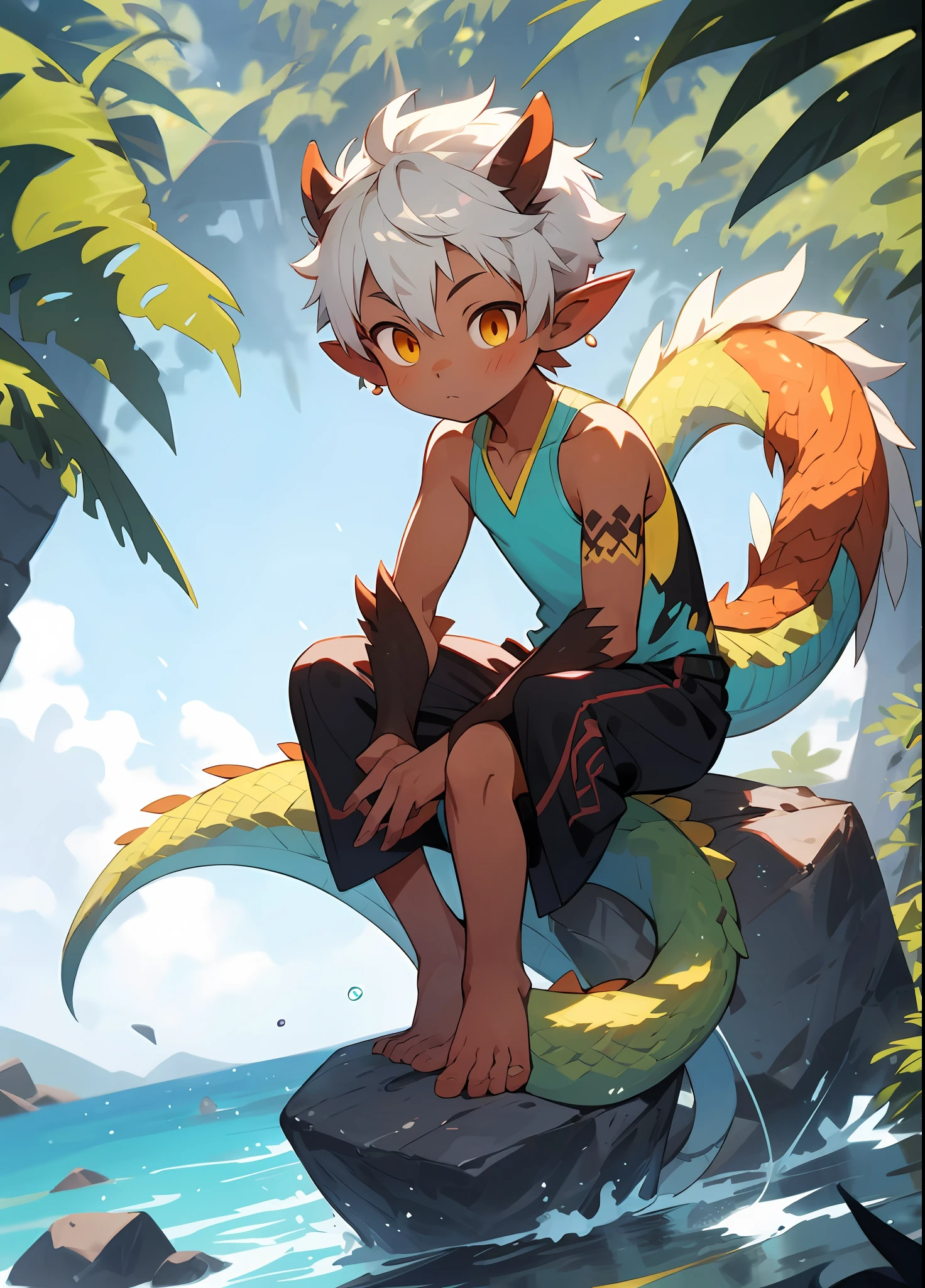 Anime - stylistic image of a sitting on a rock by the sea, concept art by Shitao, Pisif, Furry art,trending on artstation pixiv, Guviz-style artwork, lalafell, Guviz, Guweiz on ArtStation Pixiv, young male anthro dragon,White scales,White hair,Close-up photos,(slightly fat big breasts),Sunburn,(((独奏,solo person,1boy)))