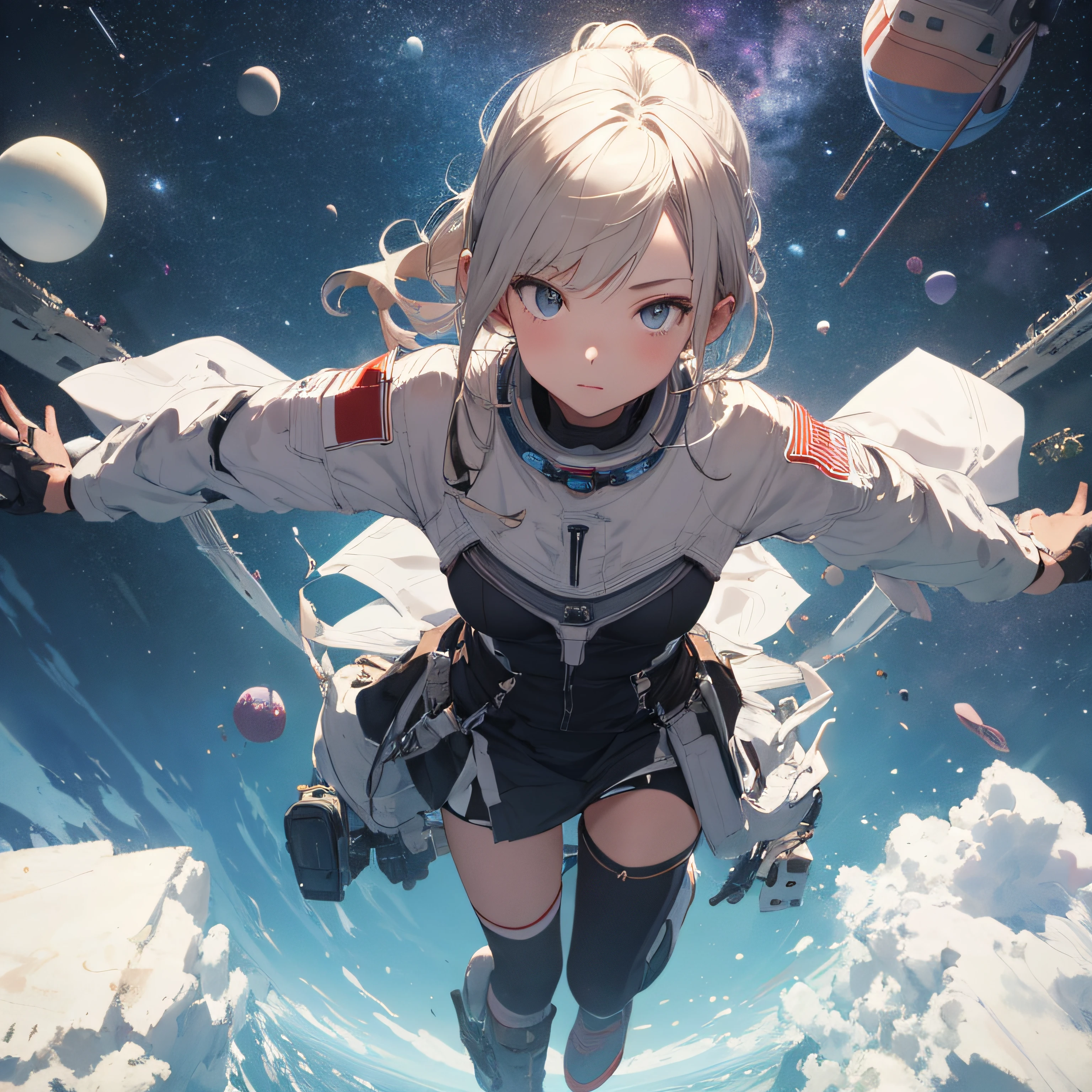 absurd res, high res, (masterpiece:1.4), ultra-detailed, 1girl, from above, space, floating