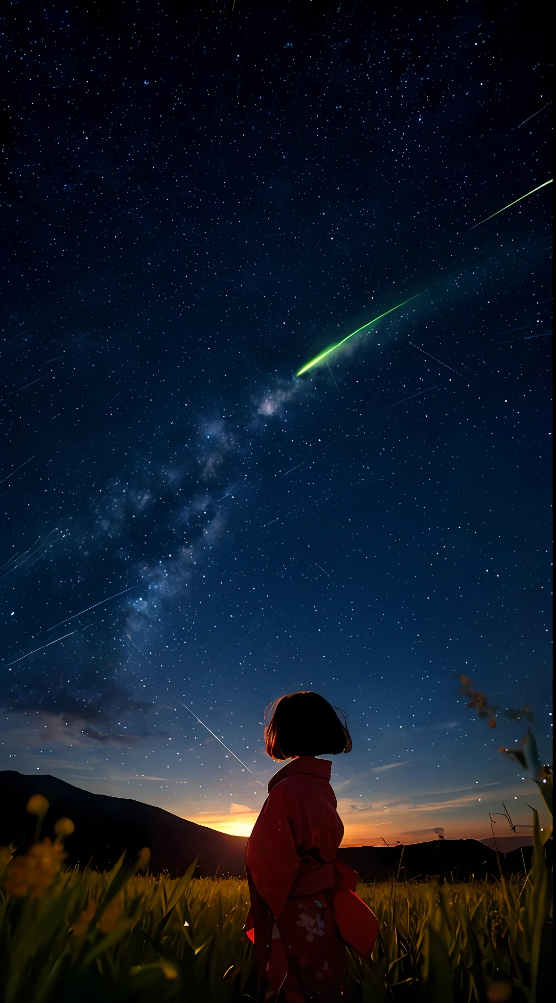 1girl, distant girl wearing a kimono staring at the stars, (zoomed out:1.1), (meteor shower:1.2), (comet:1.1), your name, low angle, from behind, aroura borealis, shooting star, yukata, red kimono, cherry blossoms, standing in a field,best quality, masterpiece,  cloud,colorful, starry,stars,