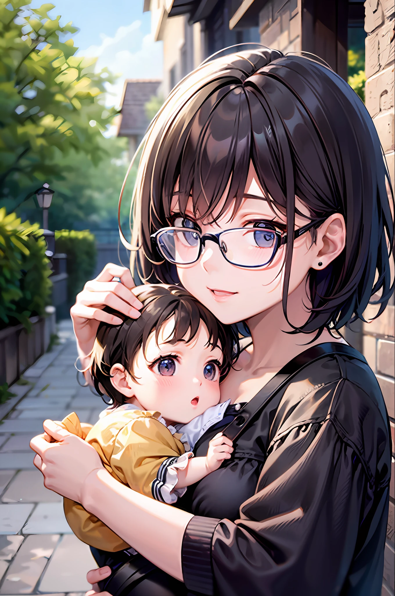 top-quality、超A high resolution、1 -yeld giShort hair、Dark hair、hair adornments、eye glasses、Infant bodye、outside of house、Holding a baby、Have breeeding