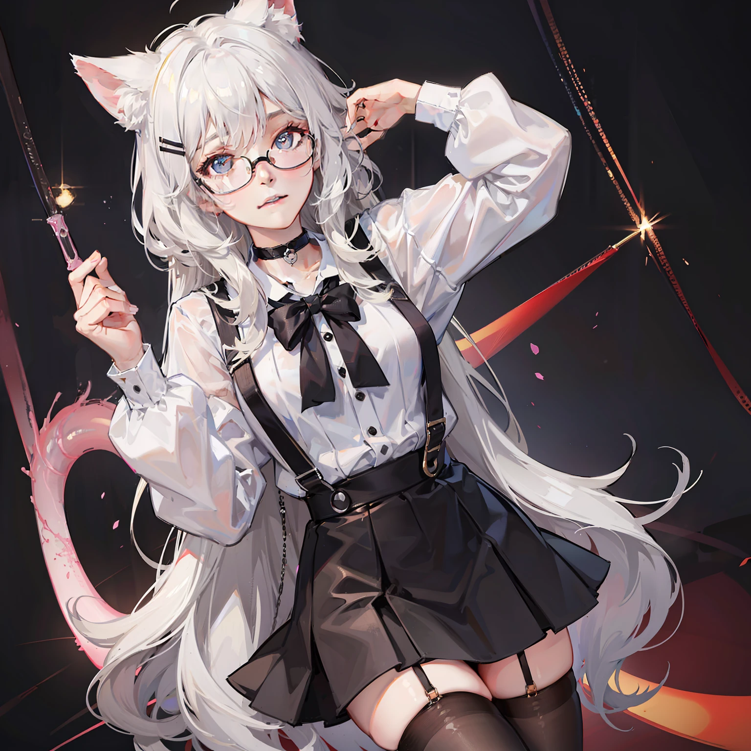 wears glasses），White pick dye，（long and fluffy hair，slender girl），Put both hands behind your head，cat ear，Wear a choker，White color blouse，Black wrinkled skirt，Black transparent suspender stockings