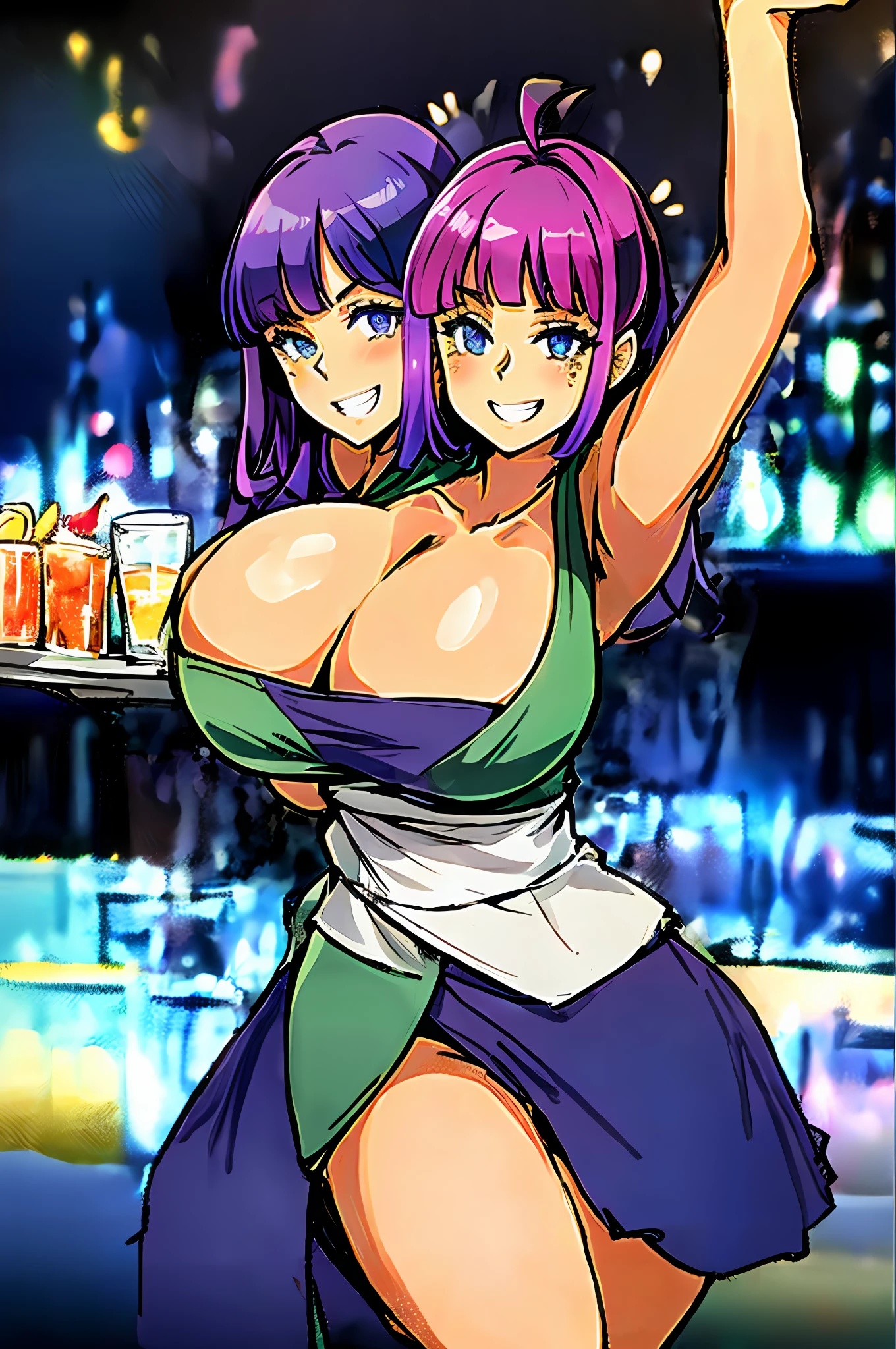 2heads, a short chubby woman with 2 heads. She has massive breasts. She is dancing. She is in a bar. She is very short. She has gigantic breasts. She looks drunk. She is smiling wide. She is short. Her breasts are gigantic. She has a colorful outfit.