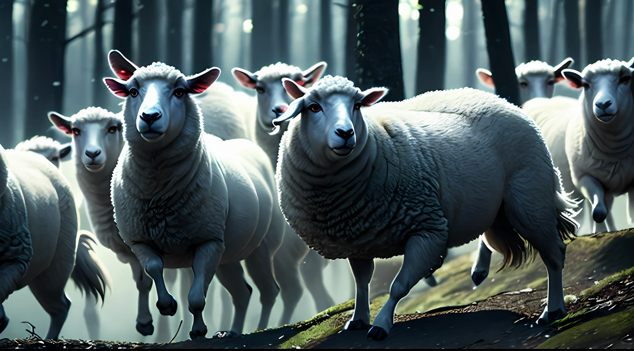 close-up shot of lots and lots, flock of frightened sheep jumping in a dark forest, soft (backlight: 1.3), volumetric lights (Cinematics: 1.2), intricate detail (season art: 1.3), Rutkowski