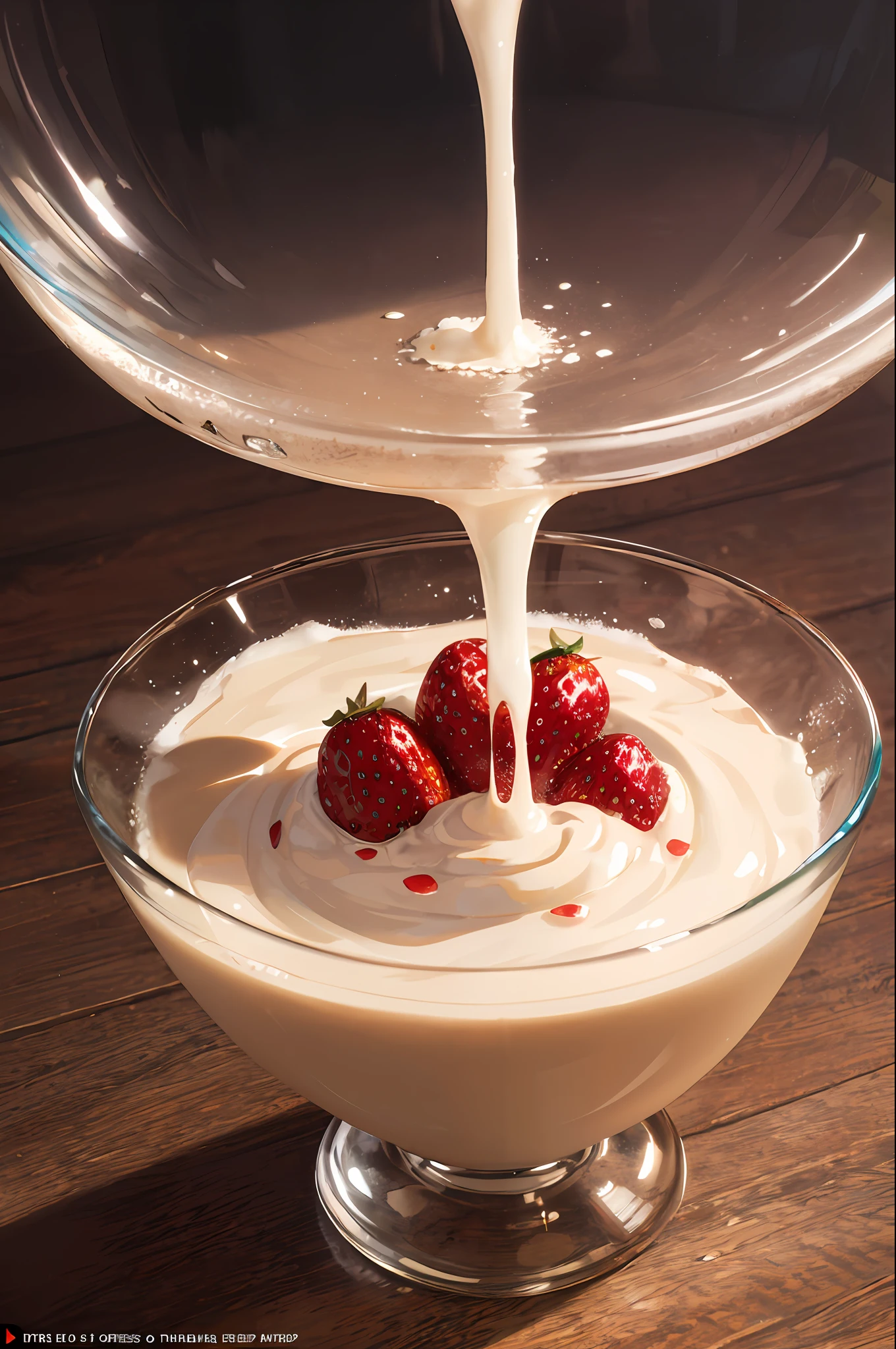 (Magical Photo:1.3) of (Realistic:1.3),(Energetic:1.3) product photography of a strawberries falling into a glass of milk, splash, intricate, epic,(by Artist RHADS:1.3),Highly Detailed,(Provia:1.3)