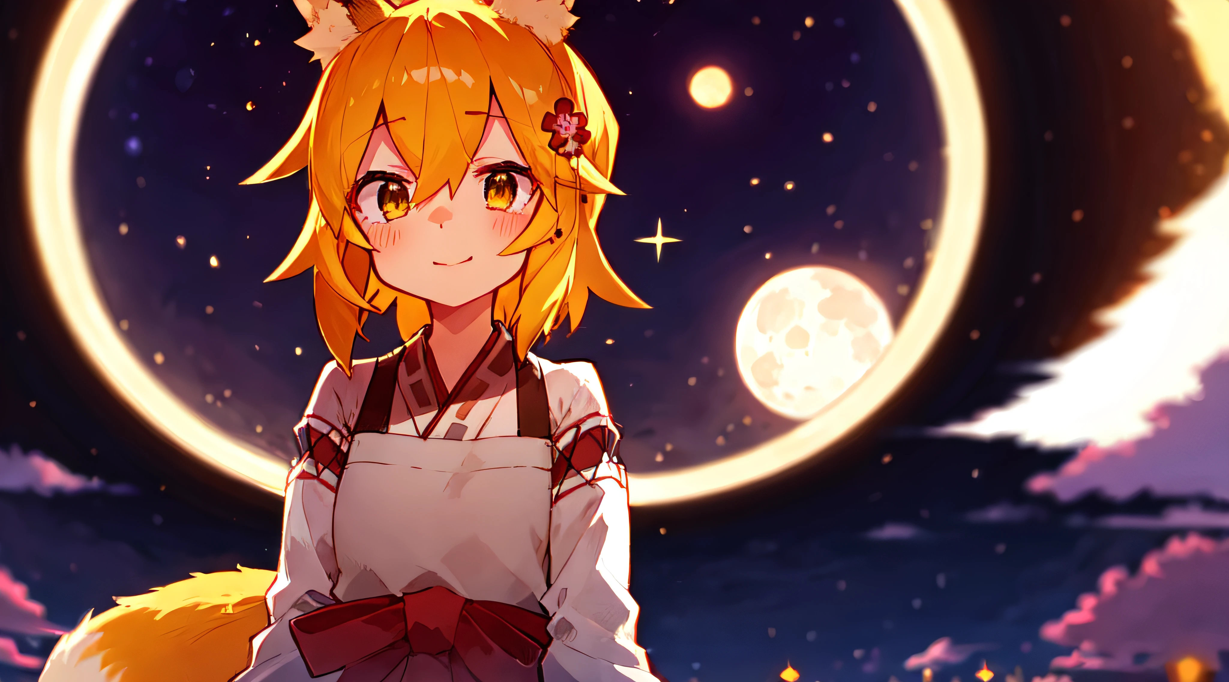 Ultra-detailed starry night scene, extremely focused image, (detailed light: 1.05), a fox girl with orange hair, small stature, solo, kimono, miko, fox ears and tail, floral hair ornament, gazing up with wonder in her crisp, luminous emerald eyes, enchanted smile on her flawless face, dazzlingly clear night sky filled with two sharp, detailed moons, brilliantly vivid constellations swirl overhead, notes of rich purple, blue and green fill the crisp sky, representing her sense of awe and hope, elegant beauty, masterful depth, textures and details