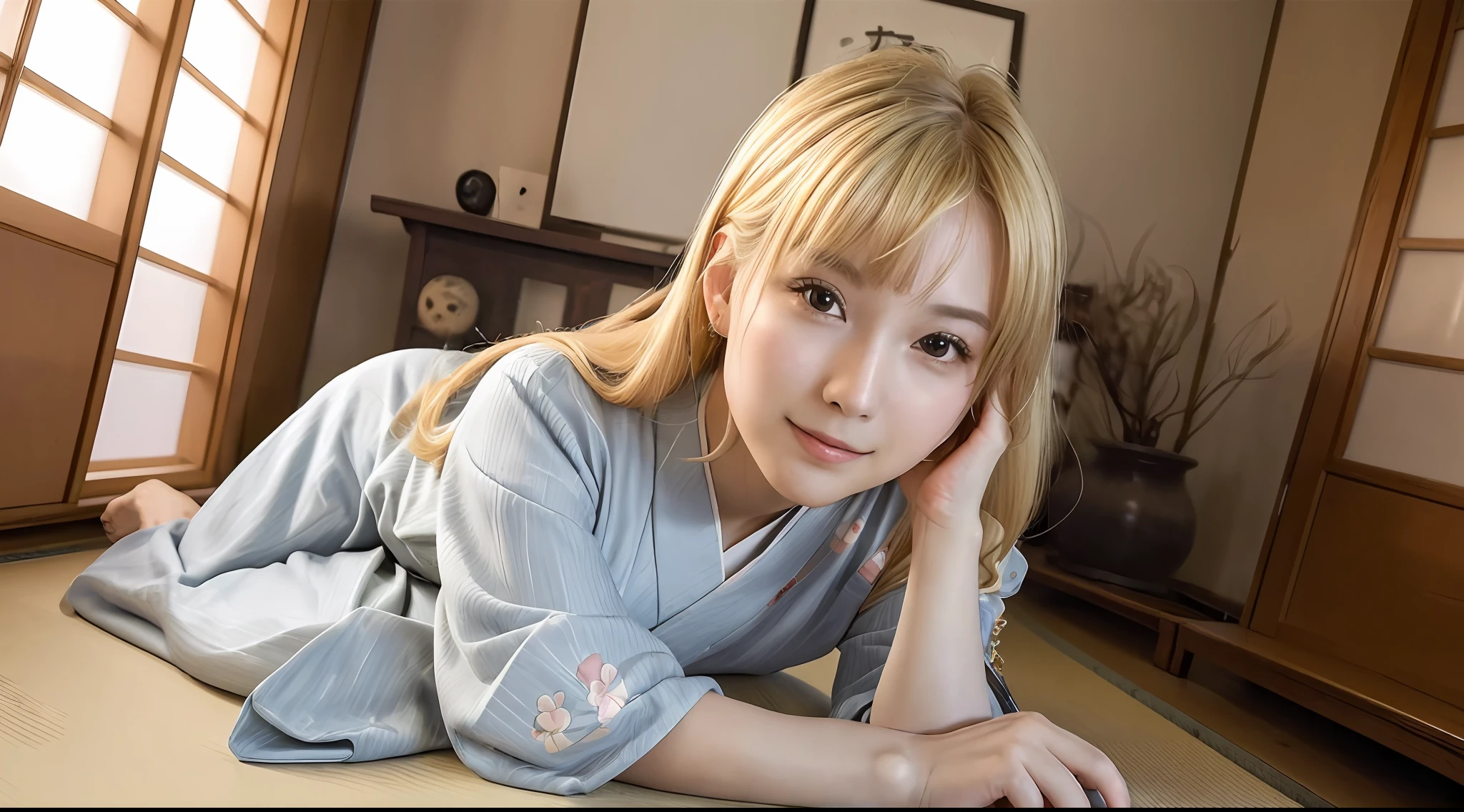 best quality, masterpiece, beautiful face with tiny lips, (photo photo-realistic:1.3), edge lighting, (high detail skin:1.2), 8k ultra hd, DSLR, high quality, high resolution, 72k, bokeh, absurd, best ratio four fingers and one thumb, gorgeous kimono, ((1girl), (long ponytail hair, blonde hair, front bangs), (cute face,beautiful face, simetric face, japan artist face), (small body, short, big chest,g cup)) ,  ((shrine), (cute pose, full body potrait, wide angle))